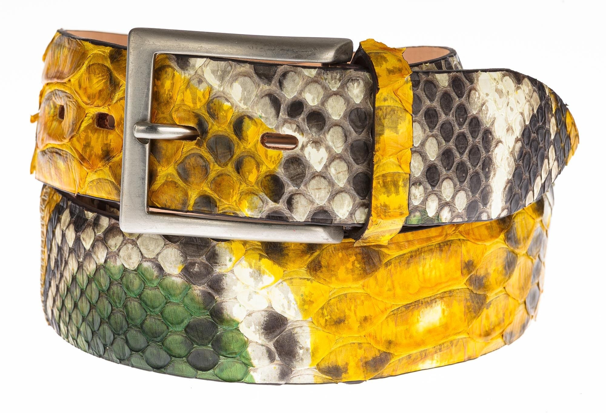 Cintura uomo BEIRUT C32, vera pelle pitone CITES, colore GIALLO/ VERDE / ROCCIA, ELIO ZAGATO, Made in Italy