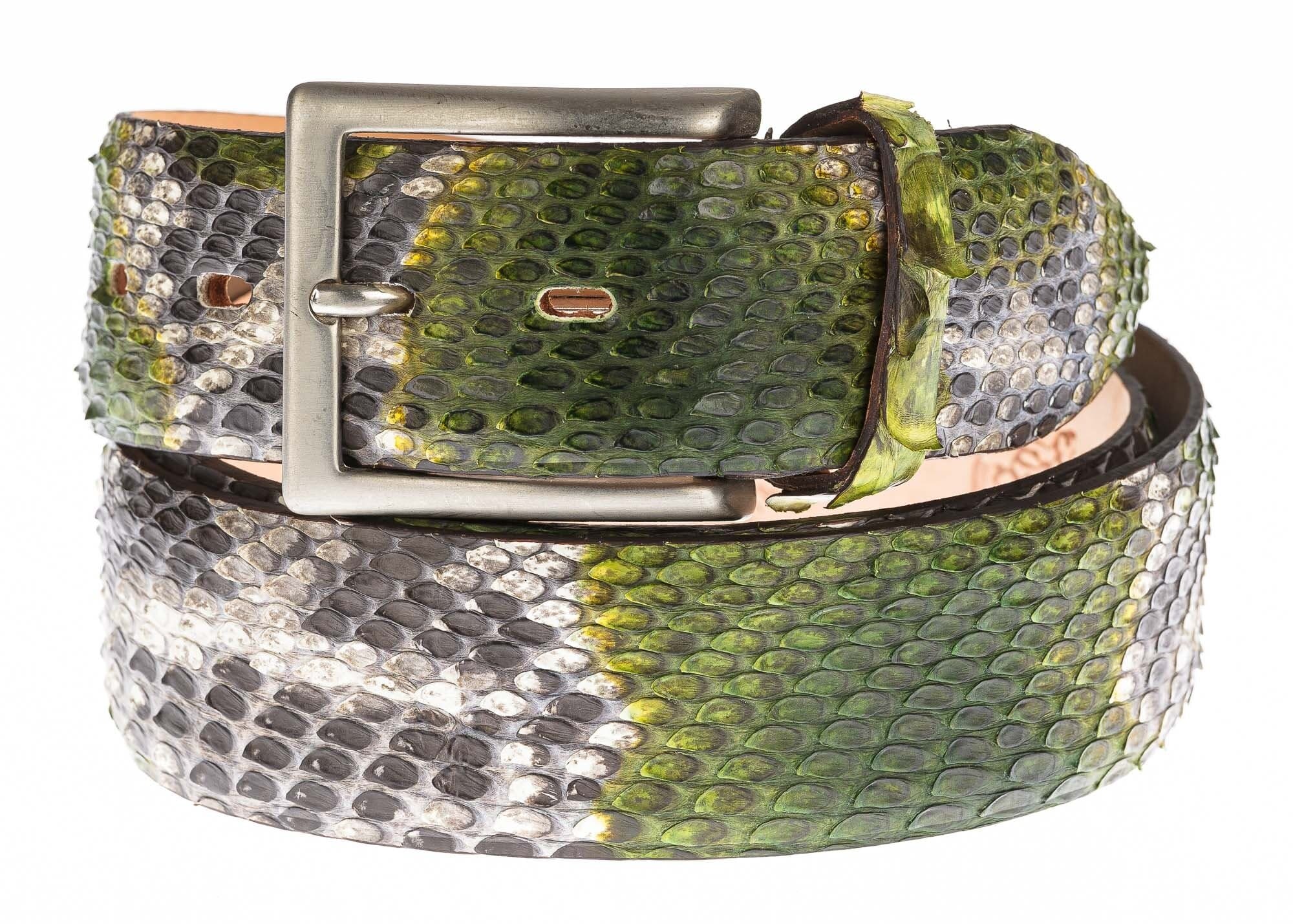 Cintura uomo in vera pelle pitone ELIO ZAGATO mod. BEIRUT, CITES, colore VERDE / ROCCIA, Made in Italy