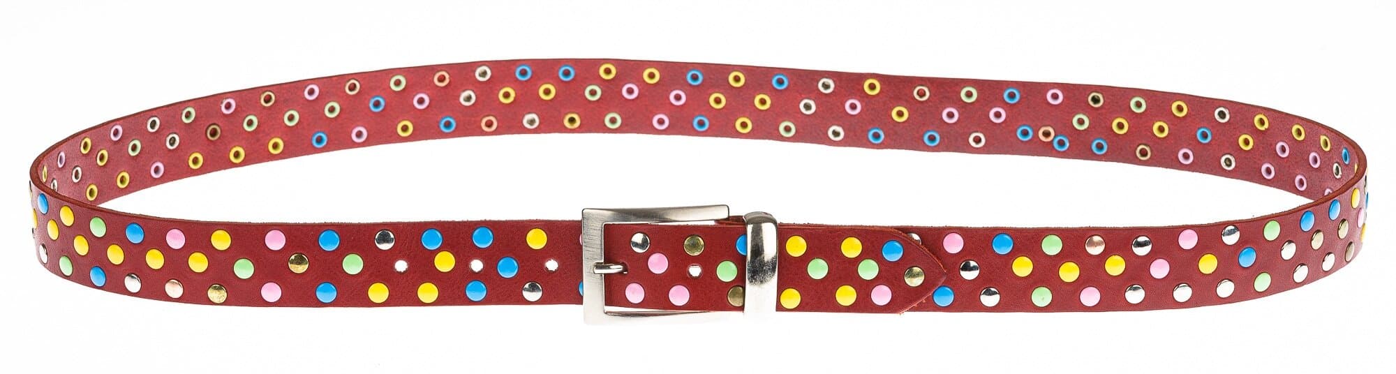 Cintura in vera pelle ALESSANDRIA, colore ROSSO, con borchie multicolor, CHIAROSCURO, Made in Italy