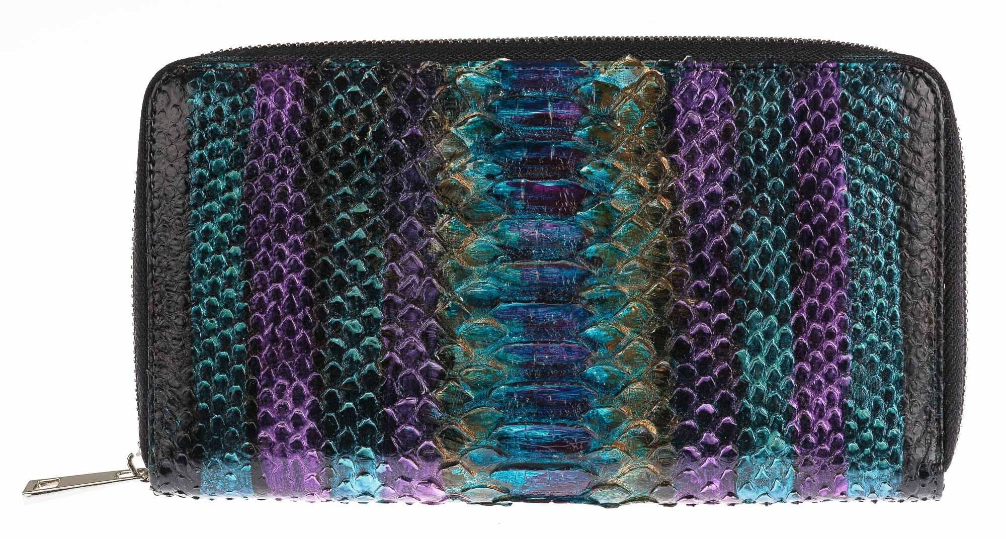LOBELIA: portafoglio donna, in pelle di pitone, color: base NERO / MULTICOLORE, Made in Italy.