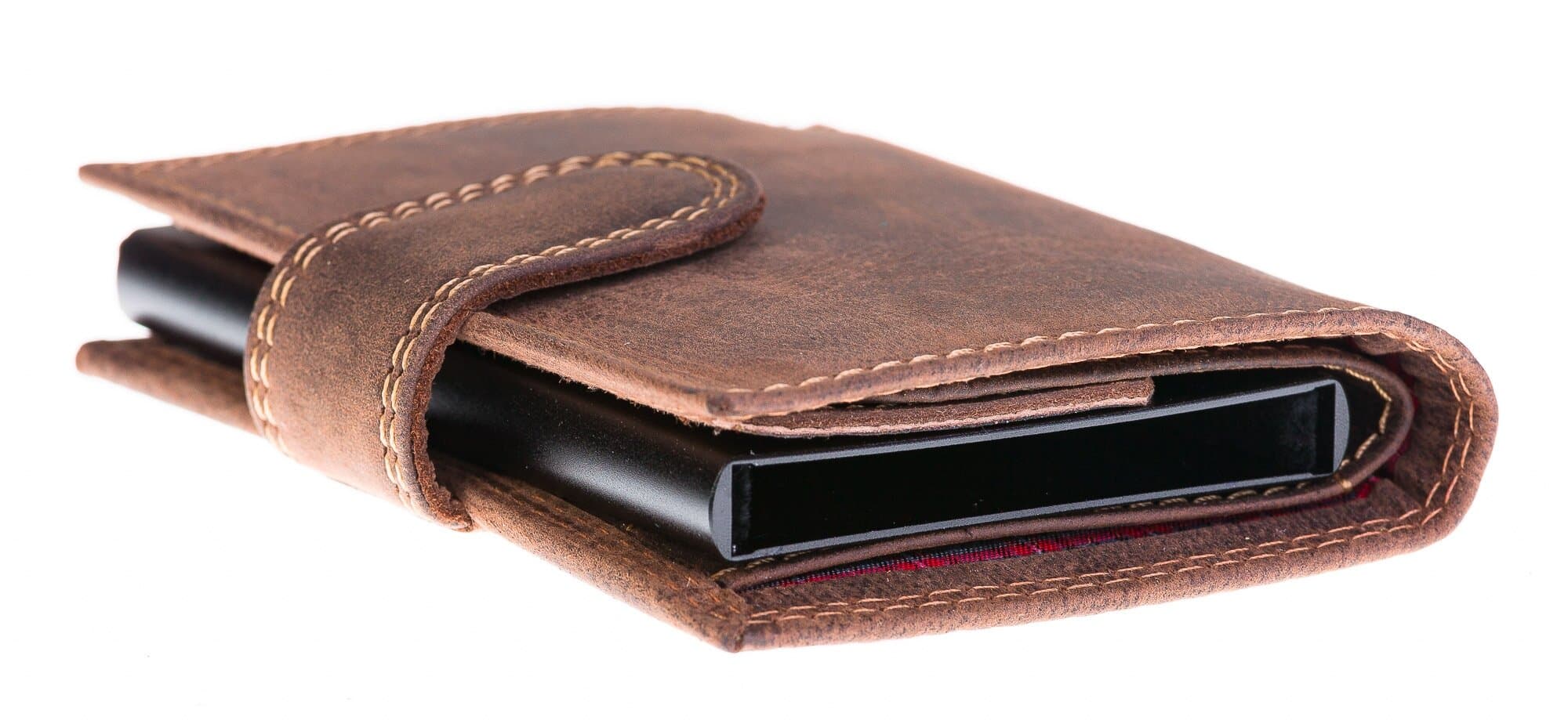 Portafoglio in vera pelle e porta carte di credito in alluminio, da uomo OSIMO con BLOCCO RFID, colore TESTA MORO, CHIAROSCURO