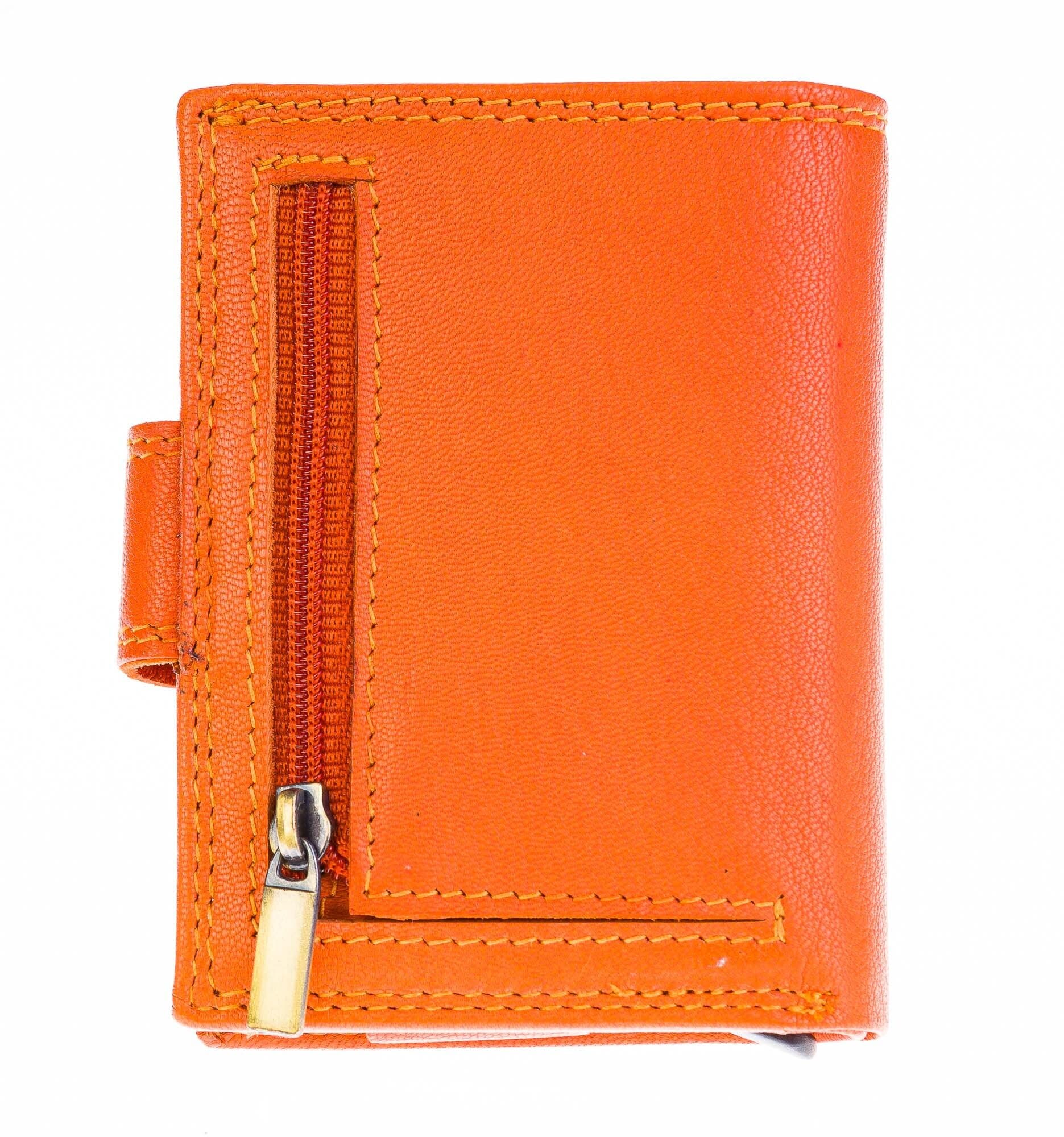 Portafoglio in vera pelle e porta carte di credito in alluminio, da uomo ELMAS con BLOCCO RFID, colore ARANCIONE, CHIAROSCURO.