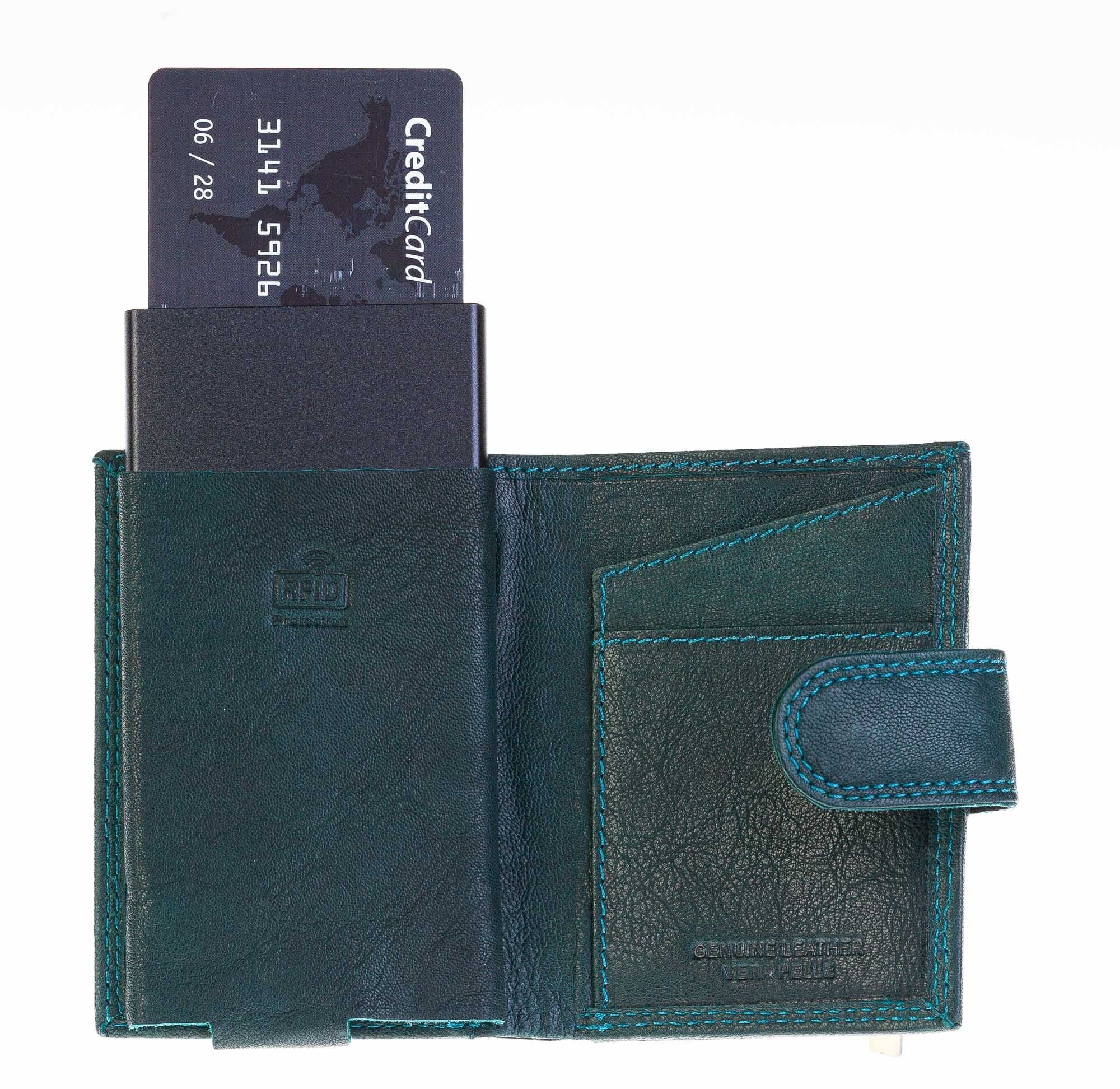 Portafoglio in vera pelle e porta carte di credito in alluminio, da uomo ELMAS con BLOCCO RFID, colore VERDE, CHIAROSCURO
