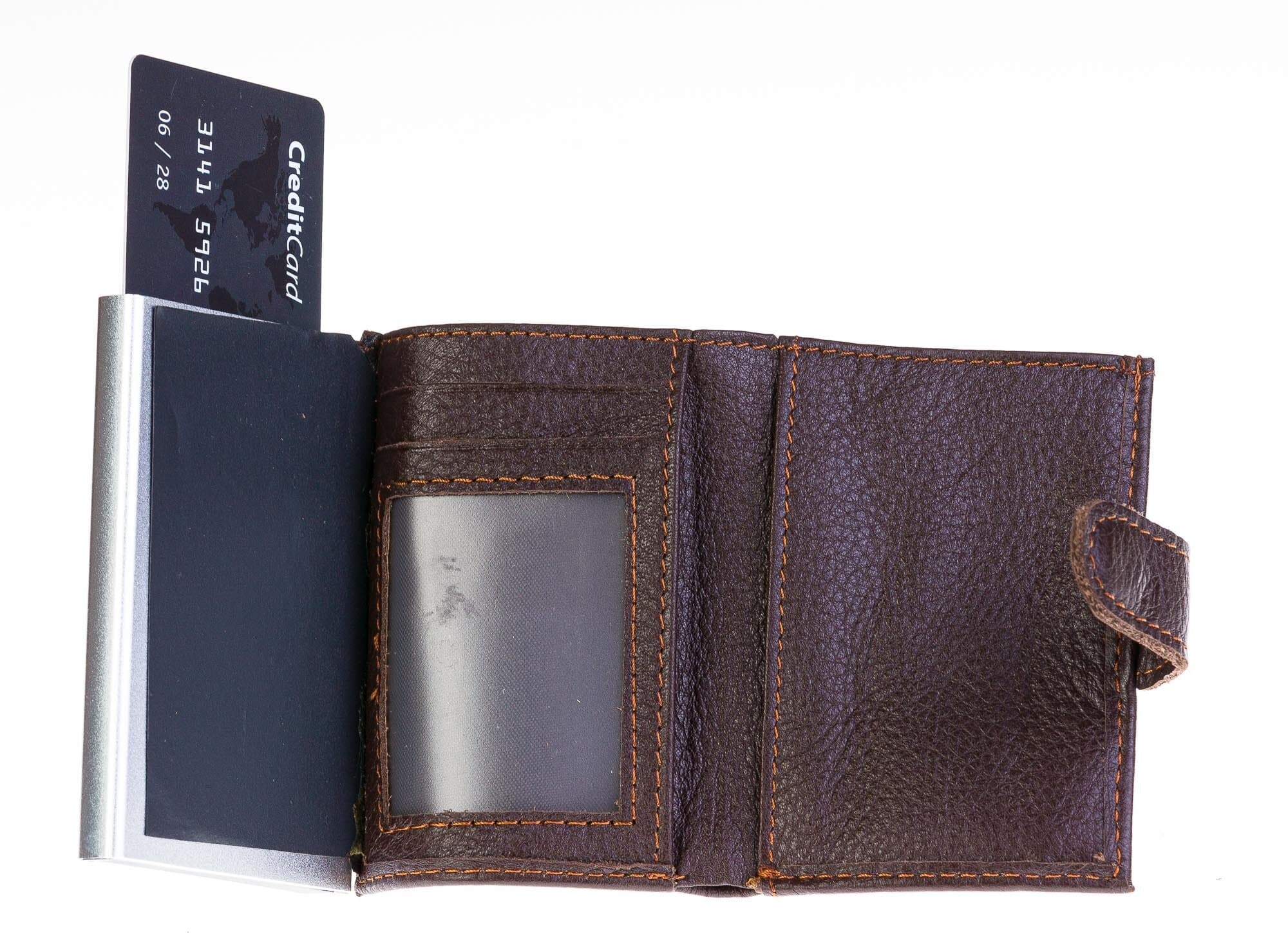 Portafoglio in vera pelle e porta carte di credito in alluminio, da uomo ARMO con BLOCCO RFID, colore MARRONE, CHIAROSCURO.