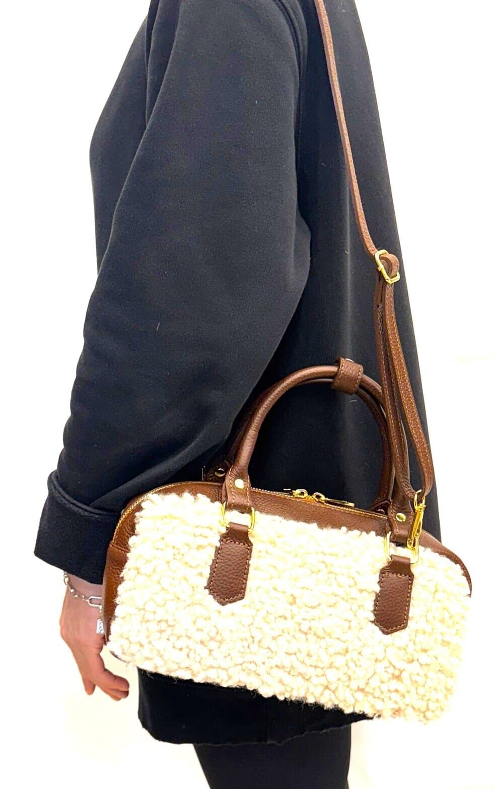 Borsa a mano / tracolla da donna in vera pelle TEDDY, colore MARRONE / BEIGE, CHIAROSCURO, Made in Italy
