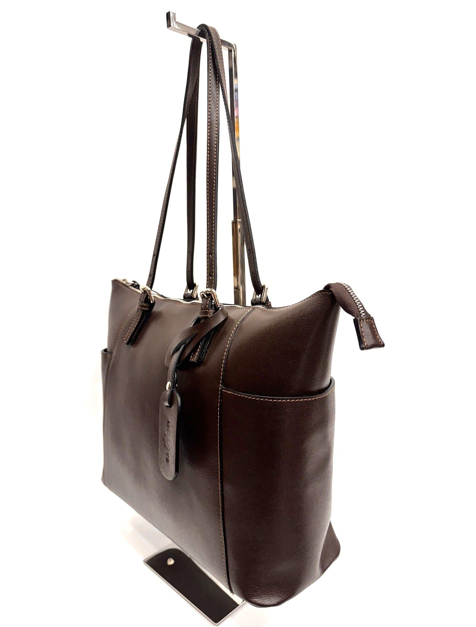 Borsa a spalla donna AMBRA in vera pelle rigida saffiano, modello shopping, colore TESTA DI MORO, SANTINI, Made in Italy
