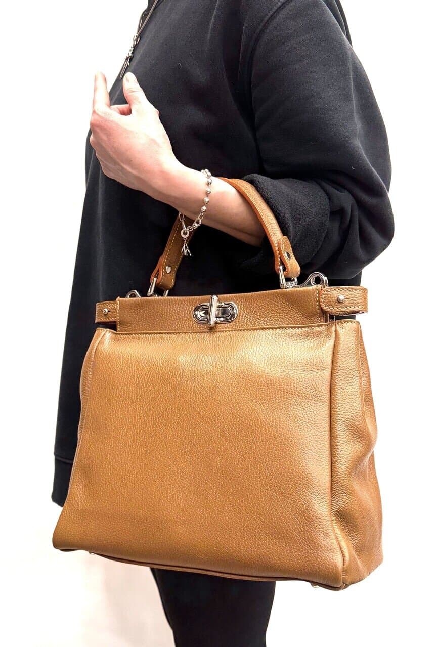 Borsa a mano da donna in vera pelle ATENA, colore MIELE, CHIAROSCURO, Made in Italy