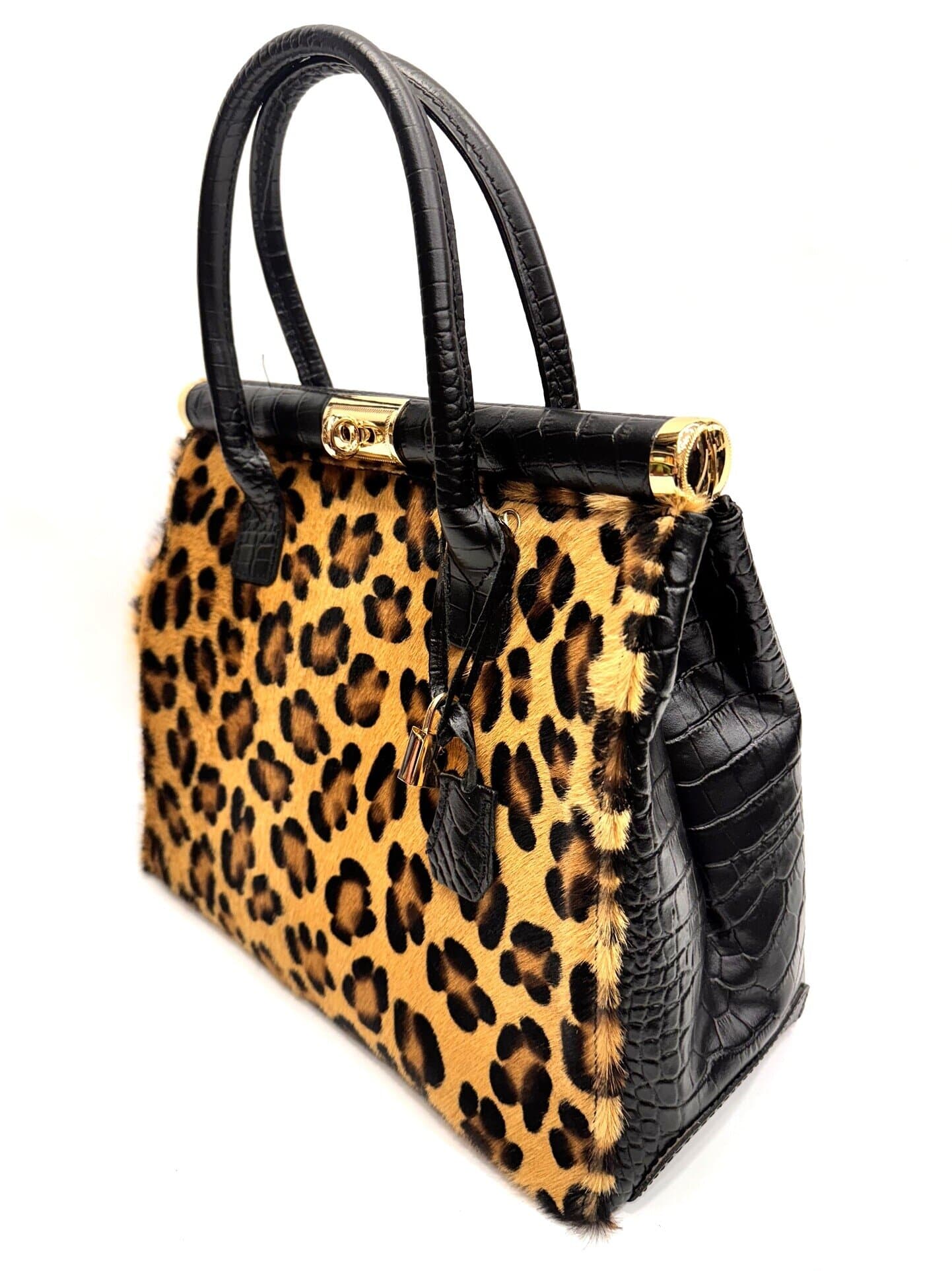 Borsa donna in vera pelle CHIAROSCURO mod. LEONA, stampa coccodrillo, pelo di PONY, colore NERO / MARRONE / MIELE, Made in Italy