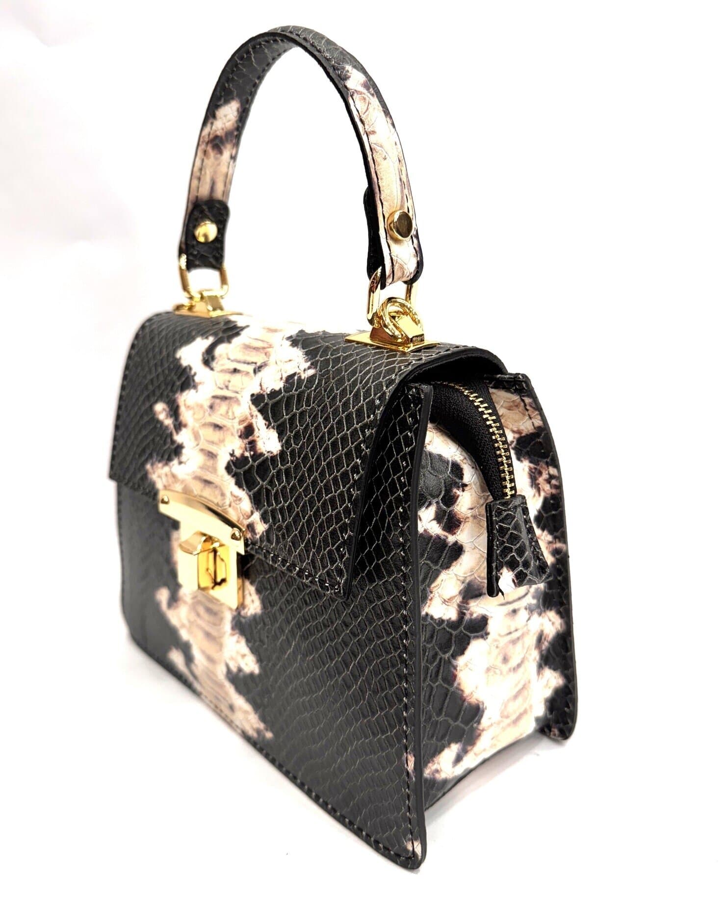 Borsa small a mano / a tracolla da donna in vera pelle EVELINA, colore NERO / ROCCIA, CHIAROSCURO, Made in Italy