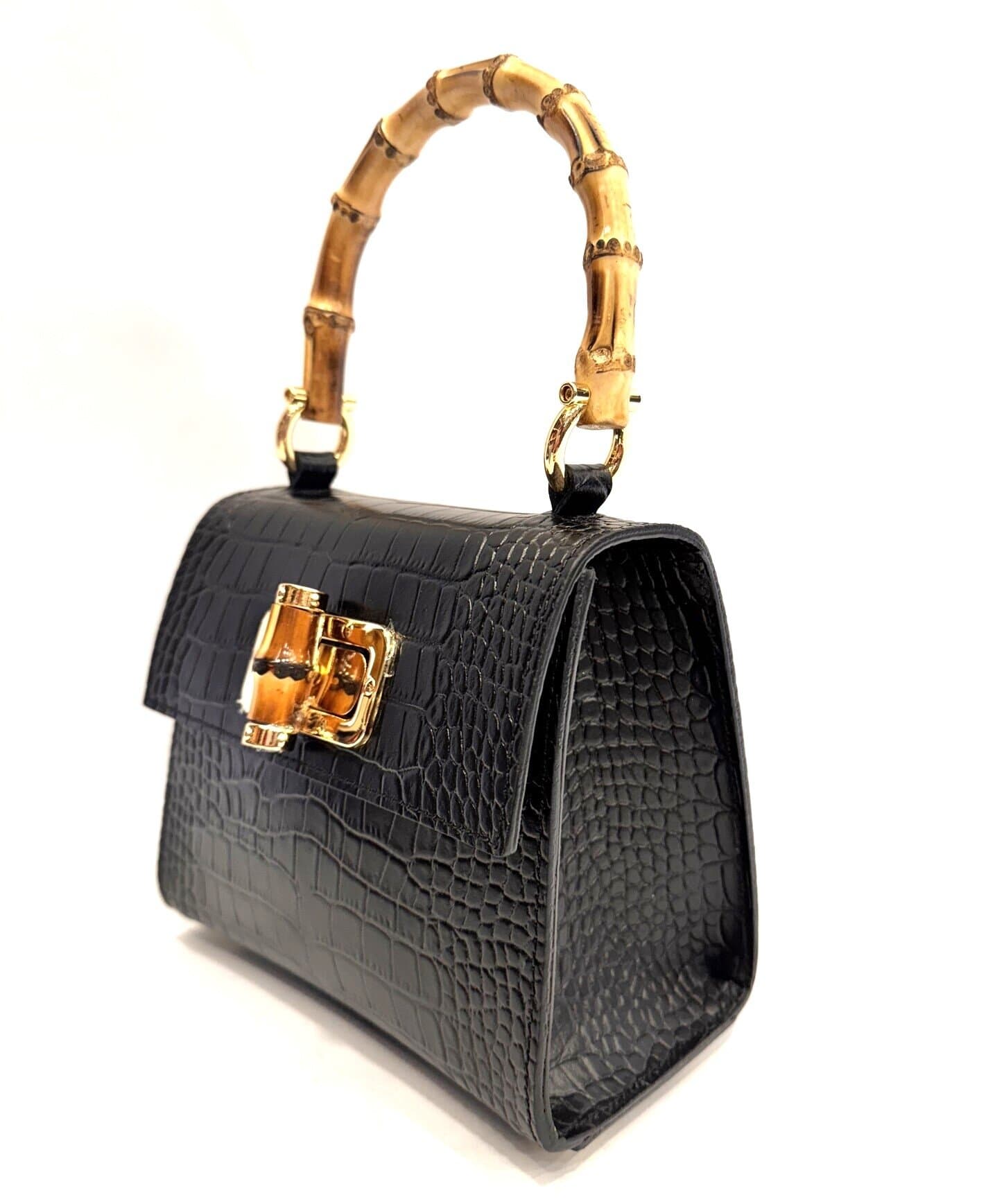 Borsa small a mano / tracolla da donna in vera pelle con stampa coccodrillo GENNY SMALL, colore NERO, CHIAROSCURO, Made in Italy