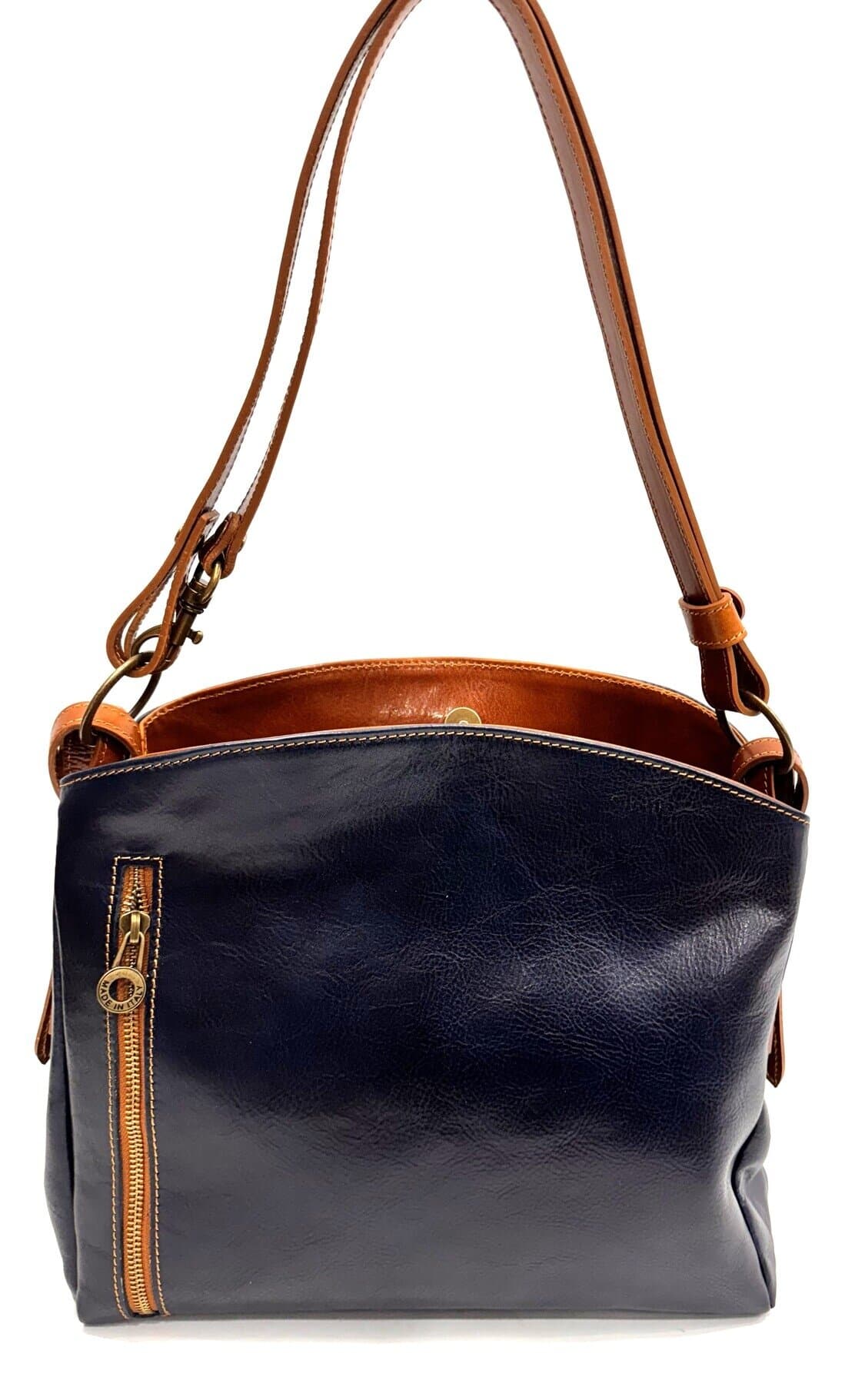 ORNELLA BIG : borsa donna a spalla in cuoio, colore : BLU / MIELE, Made in Italy