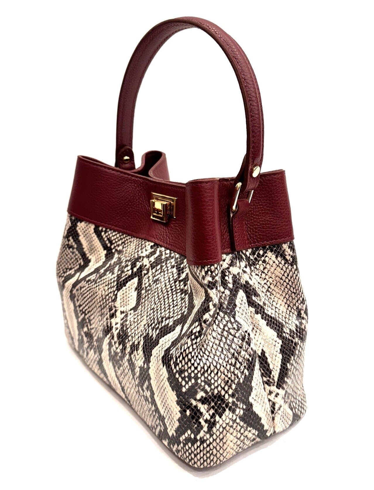 Borsa donna in vera pelle AMALIA stampa PITONE, colore BORDEAUX / ROCCIA, CHIAROSCURO, Made in Italy