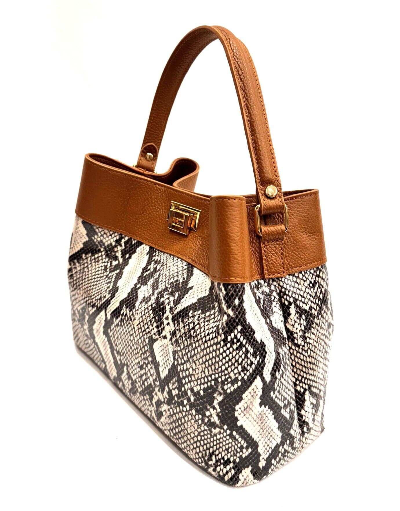 Borsa donna in vera pelle AMALIA stampa PITONE, colore MIELE / ROCCIA, CHIAROSCURO, Made in Italy