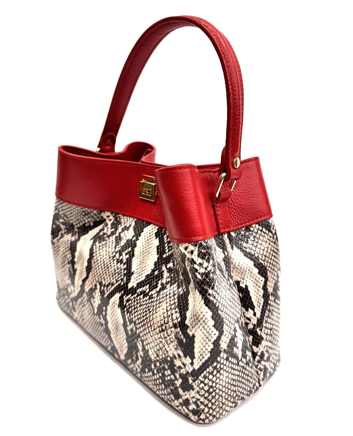 Borsa donna in vera pelle AMALIA stampa PITONE, colore ROSSO / ROCCIA, CHIAROSCURO, Made in Italy