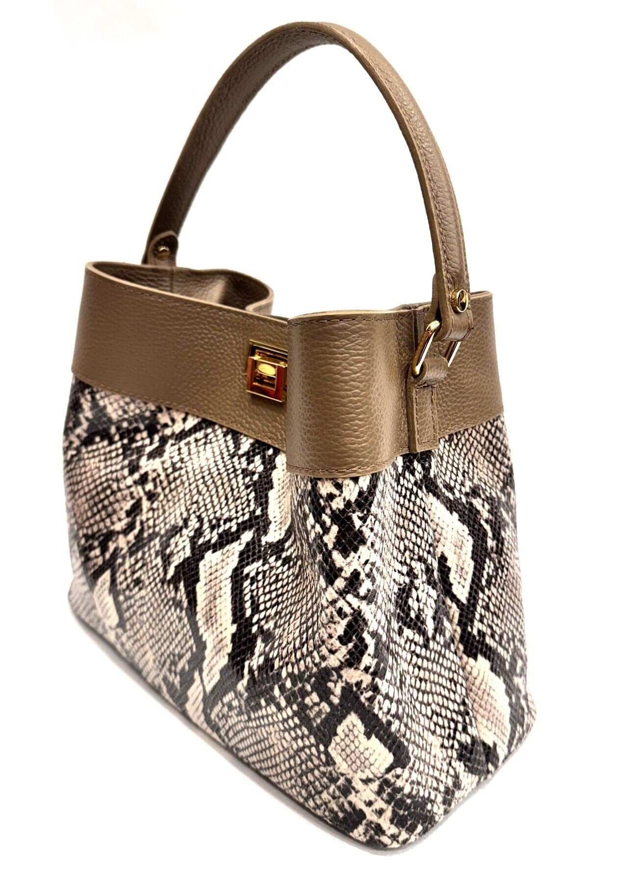 Borsa donna in vera pelle AMALIA stampa PITONE, colore TAUPE / ROCCIA, CHIAROSCURO, Made in Italy