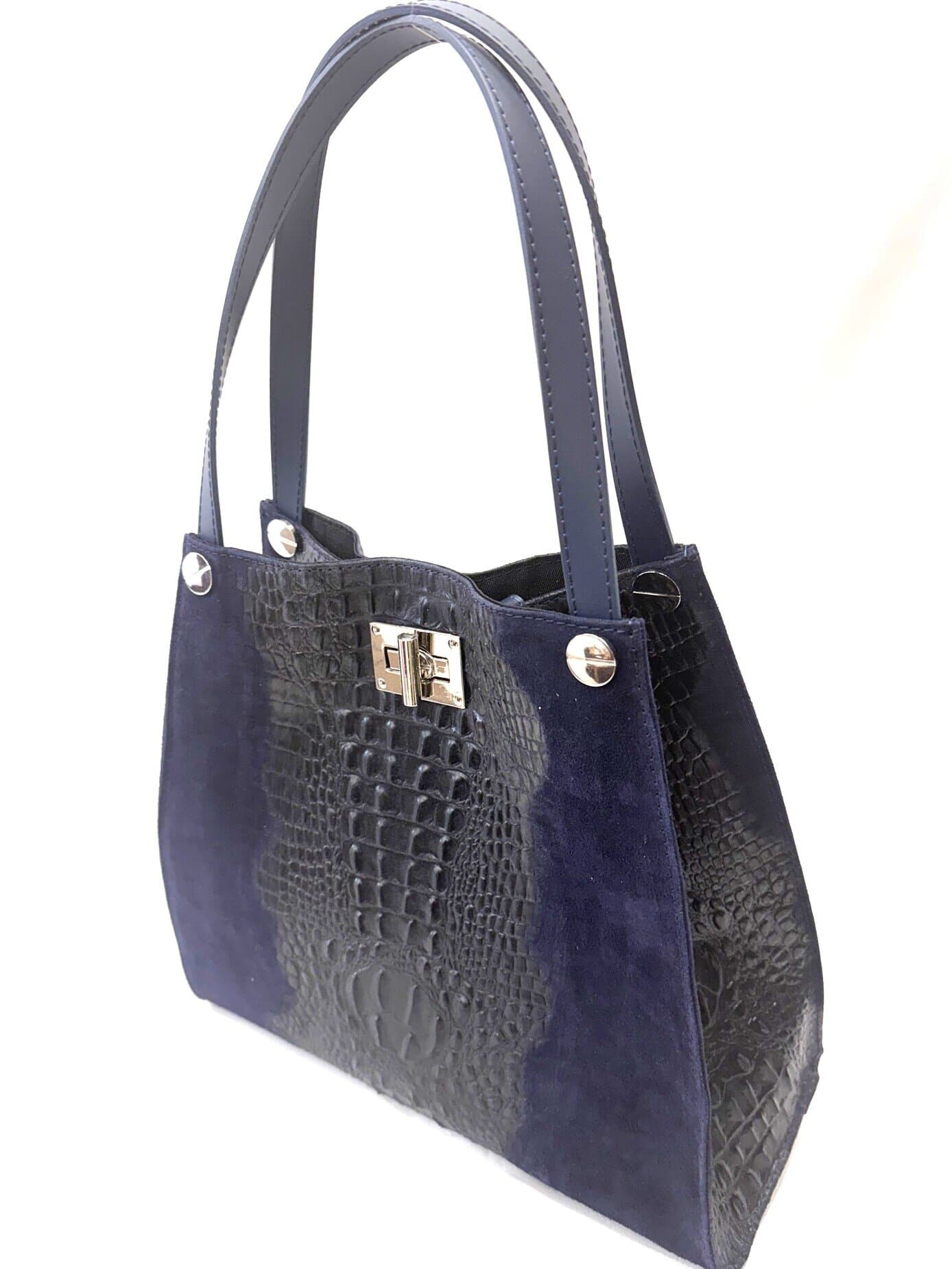 CORINNE: borsa donna a spalla, semirigida, pelle morbida, colore: BLU, Made in Italy