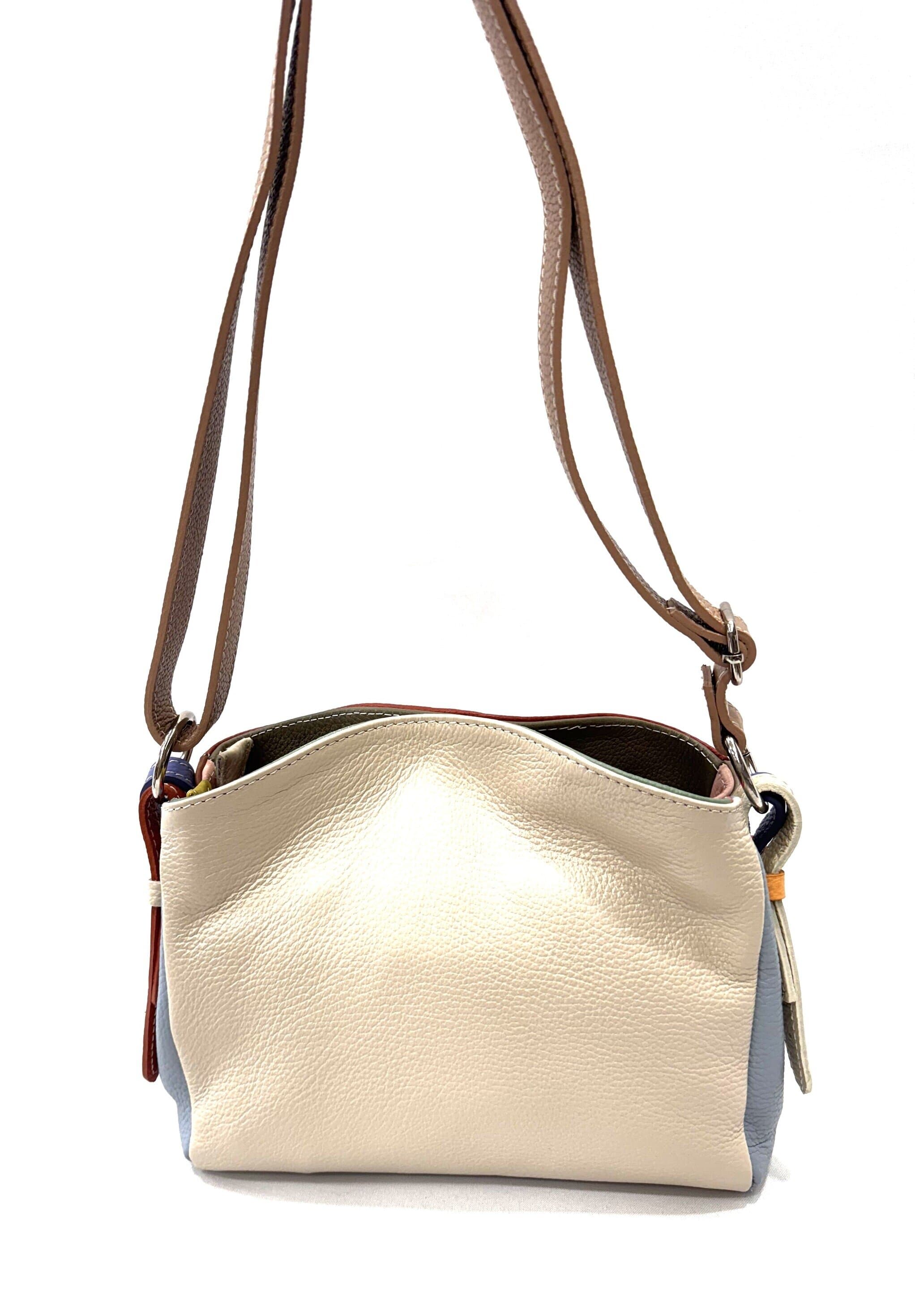 Borsa donna in vera pelle, mod ANGELINA SMALL colore MULTICOLOR, base ARANCIO / BEIGE, CHIAROSCURO, Made in Italy