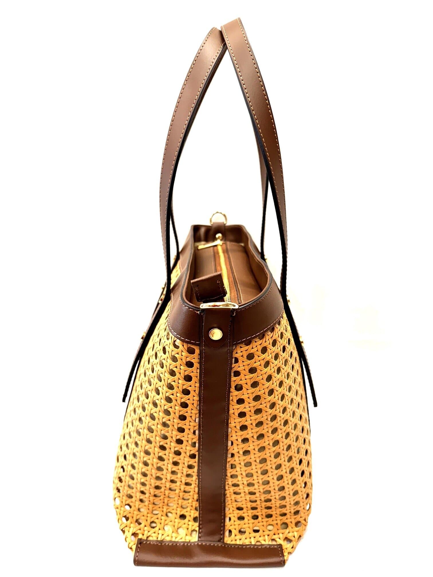 Borsa a spalla donna ASTRA in vera pelle e rafia, modello shopping, colore MARRONE, CHIAROSCURO, Made in Italy