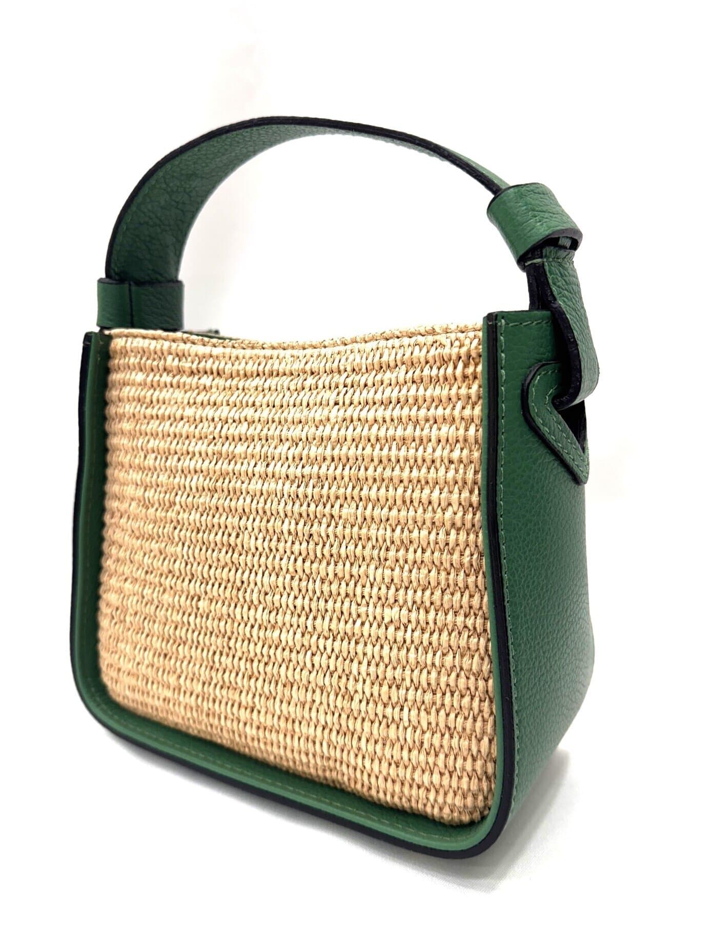 Borsa small a mano / a tracolla da donna in vera pelle / rafia ANITA, colore VERDE, CHIAROSCURO, Made in Italy