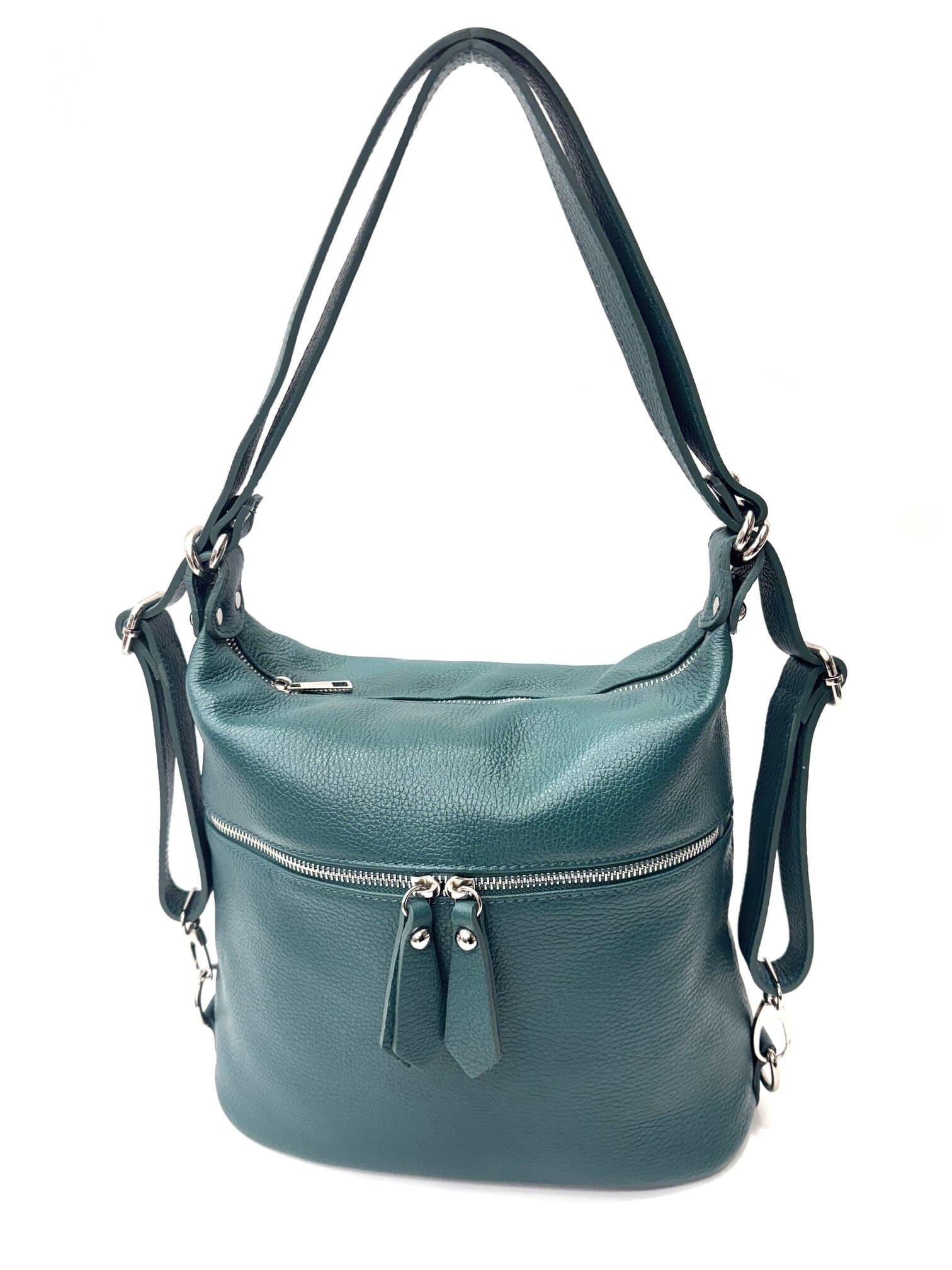 Borsa zaino donna MONTE CATRIA in vera pelle morbida martellata, colore VERDE, CHIAROSCURO, Made in Italy.