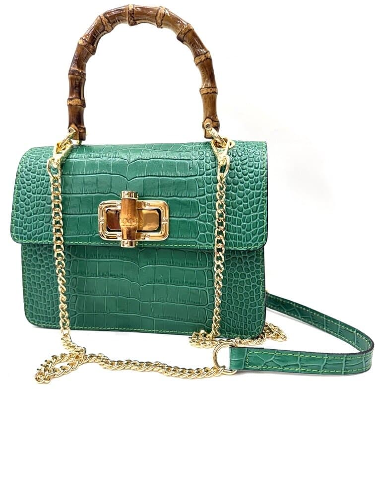 Borsa small a mano / tracolla da donna in vera pelle con stampa coccodrillo GENNY, colore VERDE VIVO, CHIAROSCURO, Made in Italy