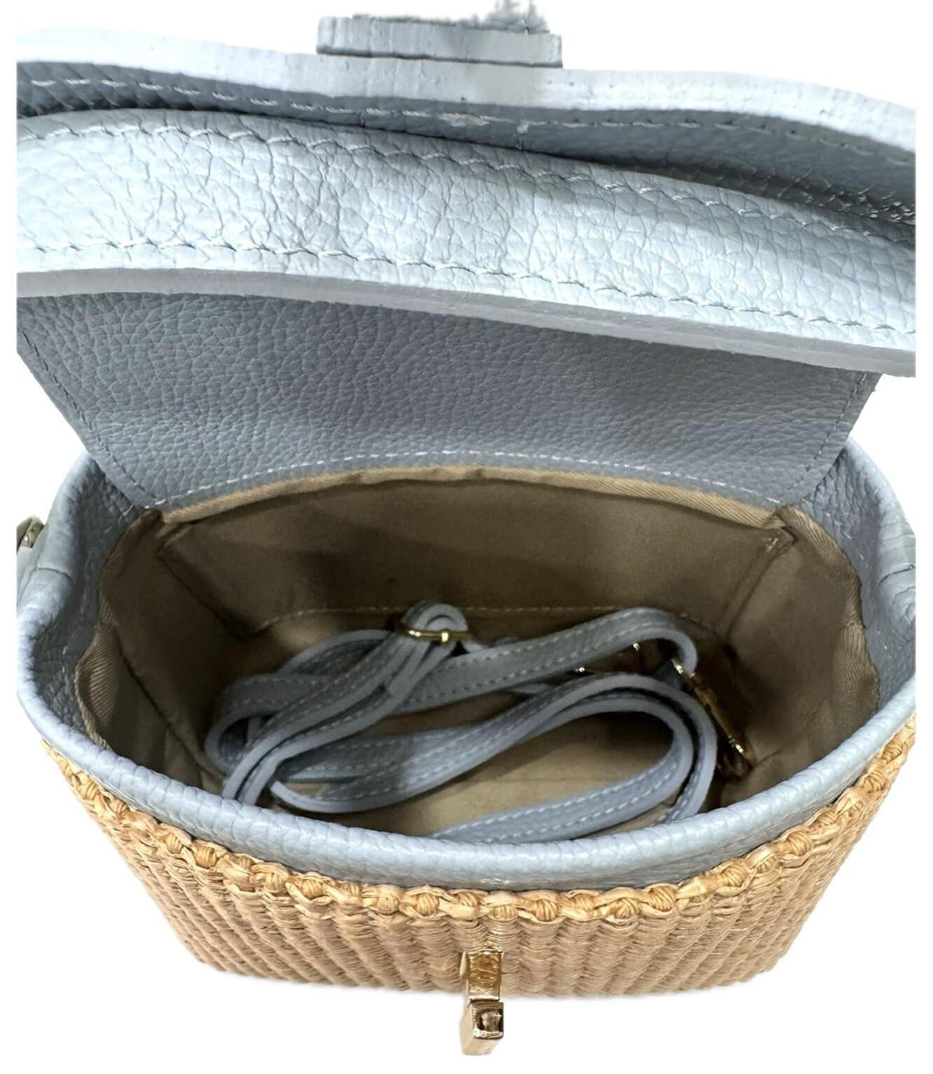 Borsa small a mano / a tracolla da donna in vera pelle / rafia DEBORA, colore CARTA DA ZUCCHERO, CHIAROSCURO, Made in Italy