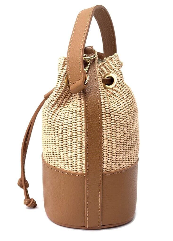 Borsa small a mano / a tracolla da donna in vera pelle / rafia SELENE, colore MIELE, CHIAROSCURO, Made in Italy
