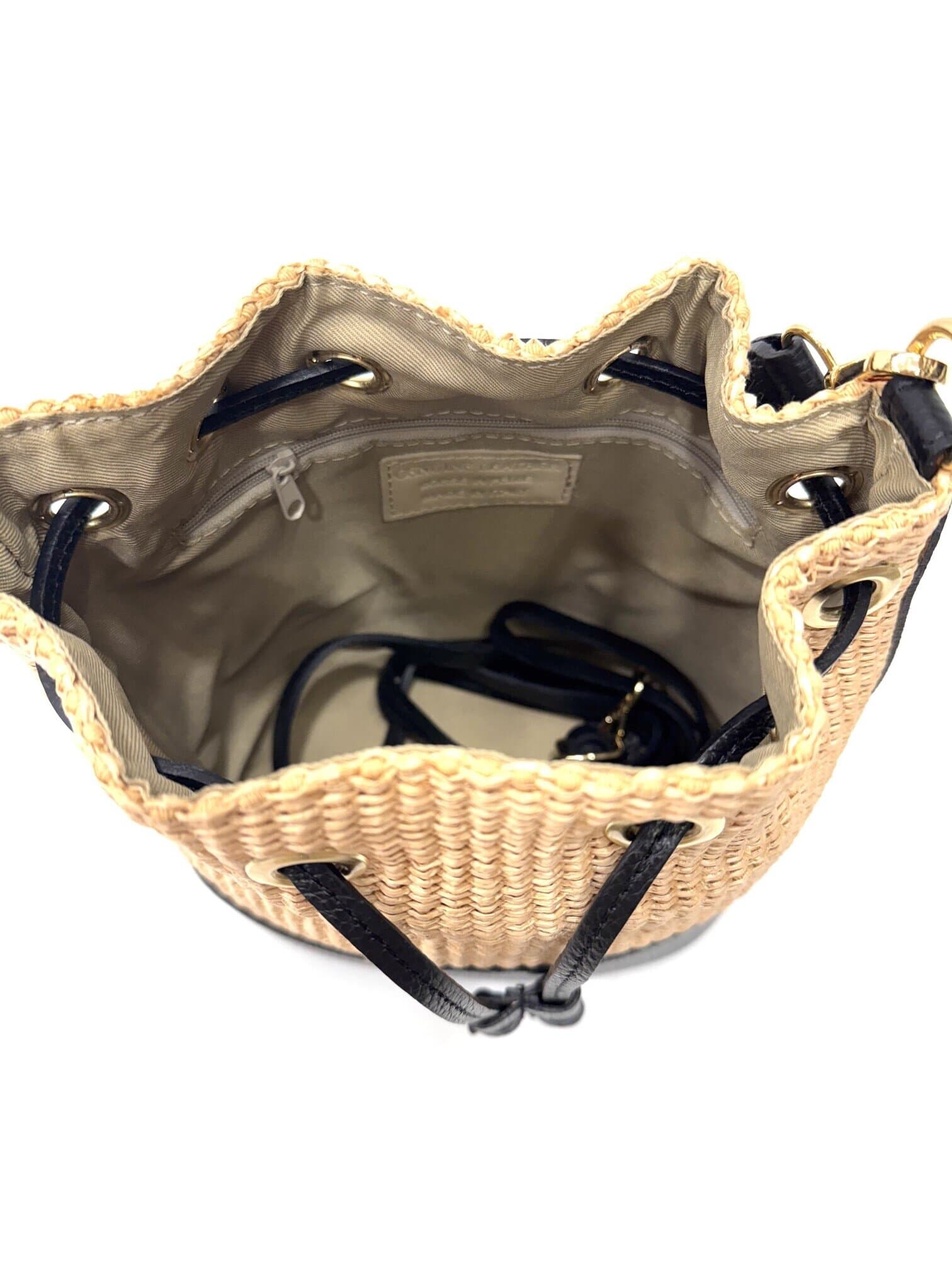 Borsa small a mano / a tracolla da donna in vera pelle / rafia SELENE, colore NERO, CHIAROSCURO, Made in Italy