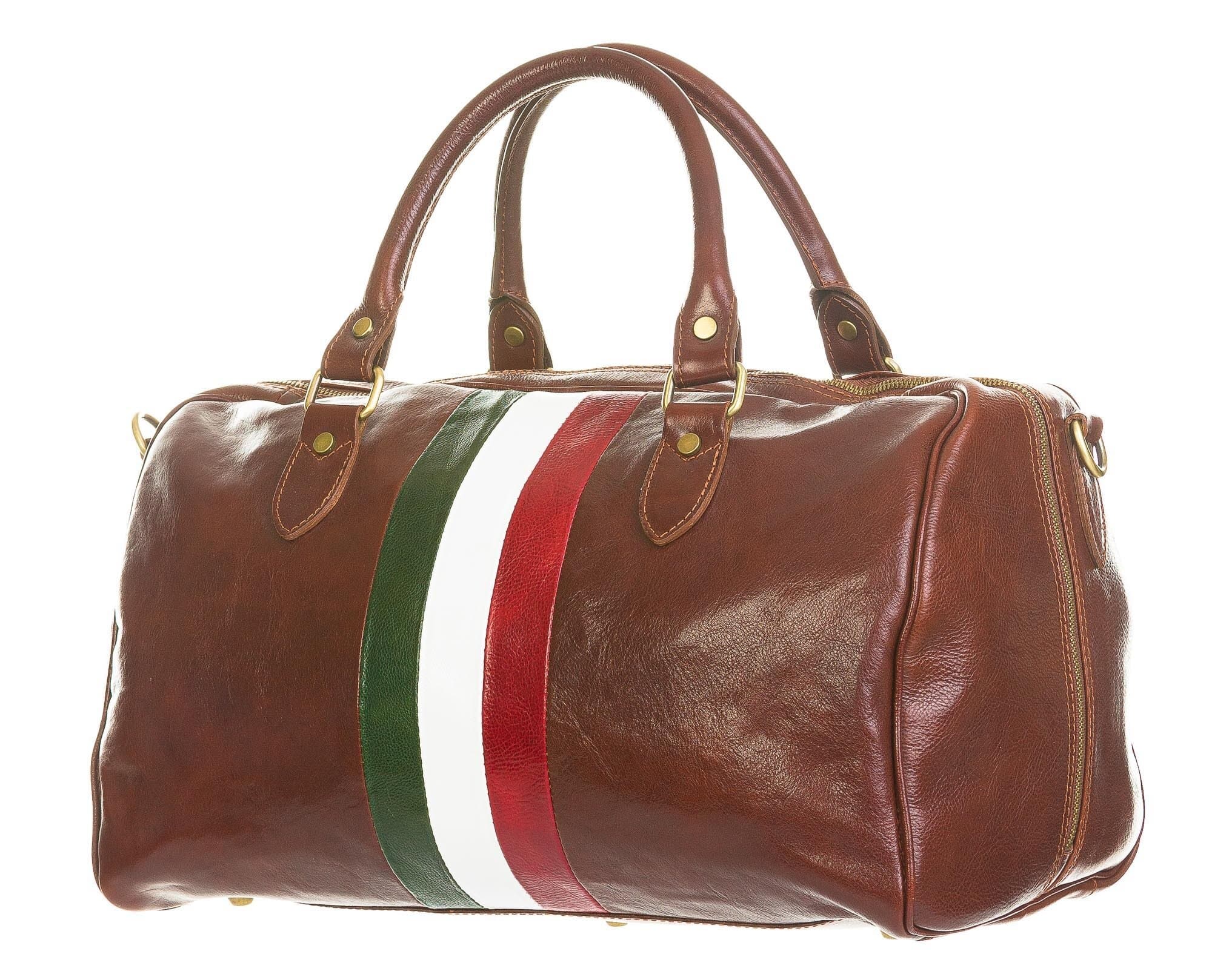 Borsone da viaggio in vero cuoio con tricolore italiano COMO MEDIO, colore MARRONE, CHIAROSCURO, Made in Italy