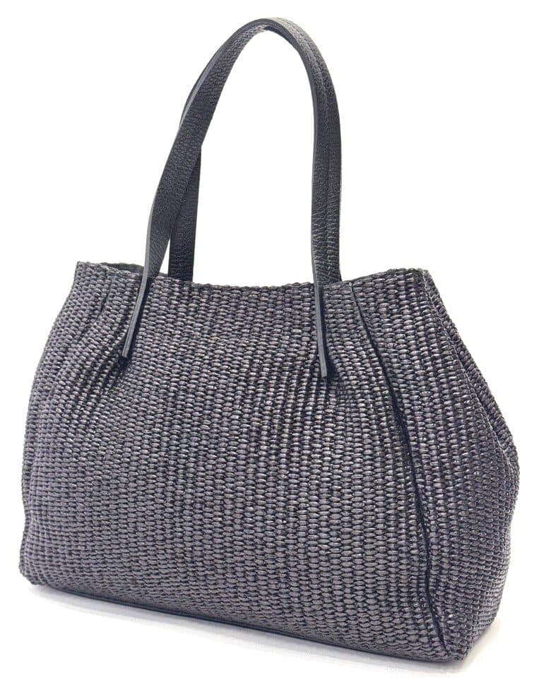 Women's bag in genuine leather / raffia SCARLETT colour BLACK, CHIAROSCURO, Made in Italy.