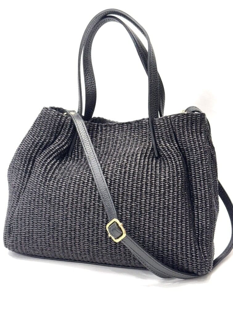Borsa da donna in vera pelle / rafia SCARLETT colore NERO, CHIAROSCURO, Made in Italy
