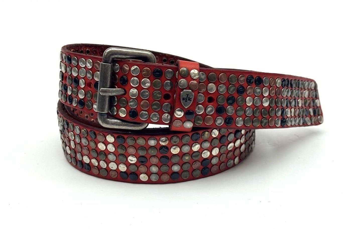Cintura in vera pelle CHIAROSCURO - VLK mod. CALCUTTA 5 ROWS colore ROSSO con borchie random Made in Italy