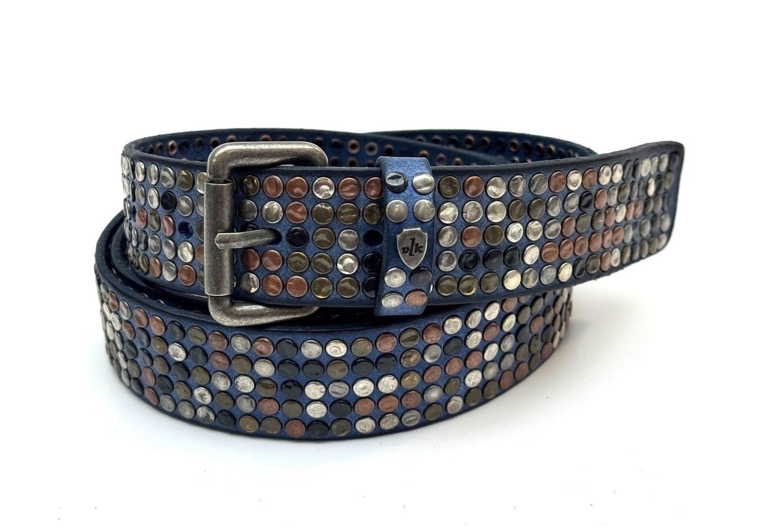 Cintura in vera pelle CHIAROSCURO - VLK mod. CALCUTTA 5 ROWS colore BLU con borchie random Made in Italy