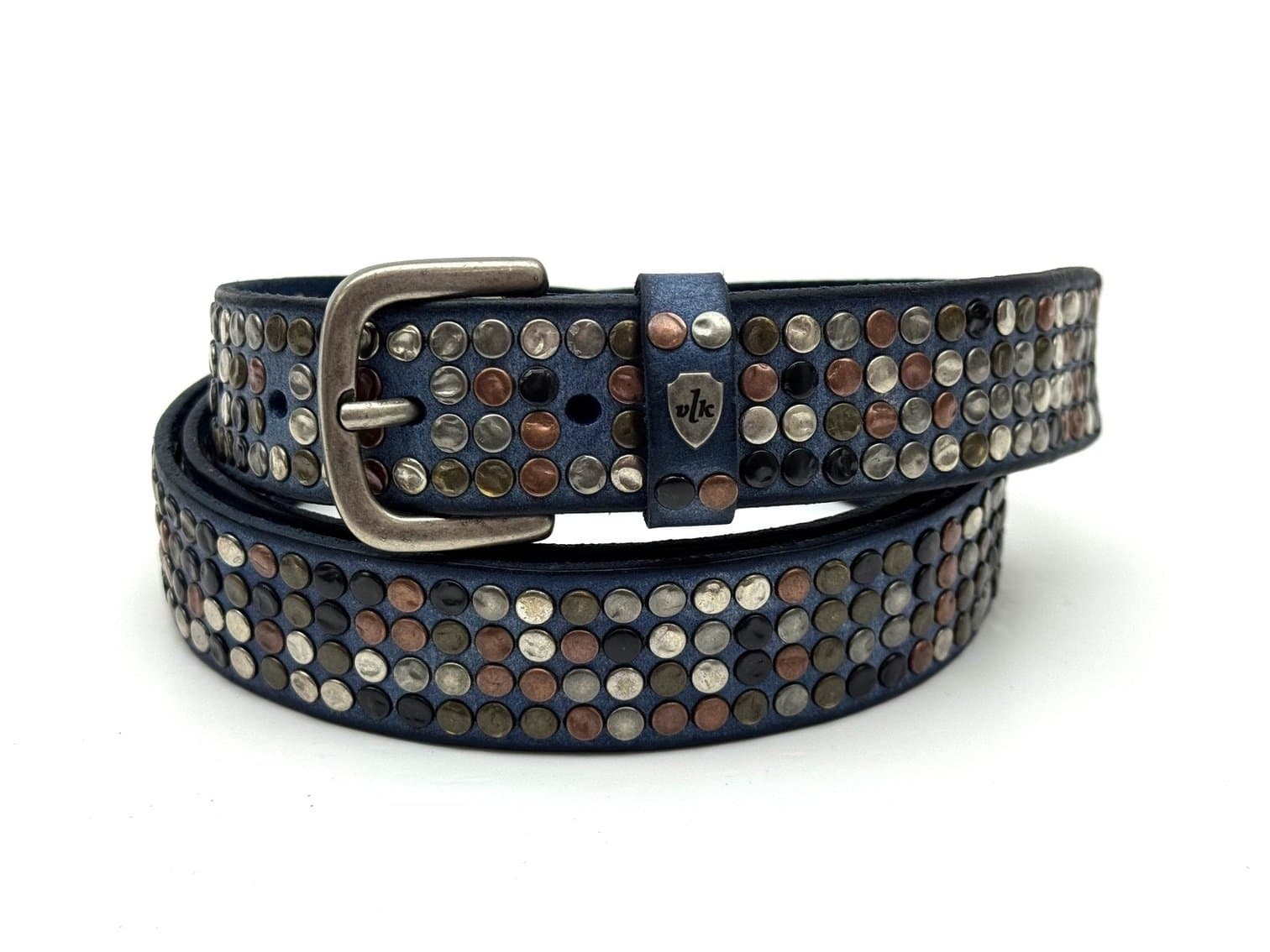 Cintura in vera pelle CHIAROSCURO - VLK mod. CALCUTTA 4 ROWS colore BLU con borchie random Made in Italy