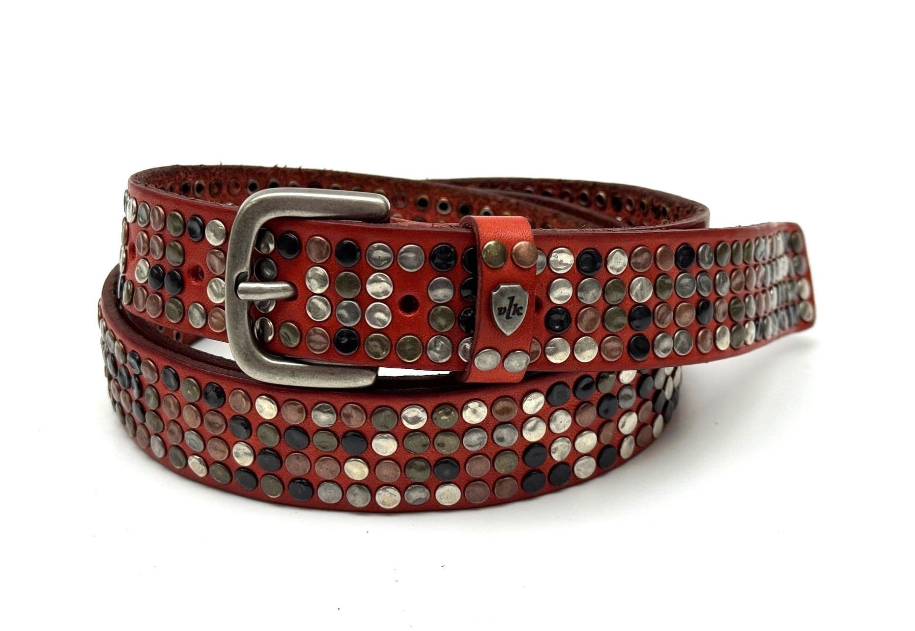 Cintura in vera pelle CHIAROSCURO - VLK mod. CALCUTTA 4 ROWS colore ROSSO con borchie random Made in Italy
