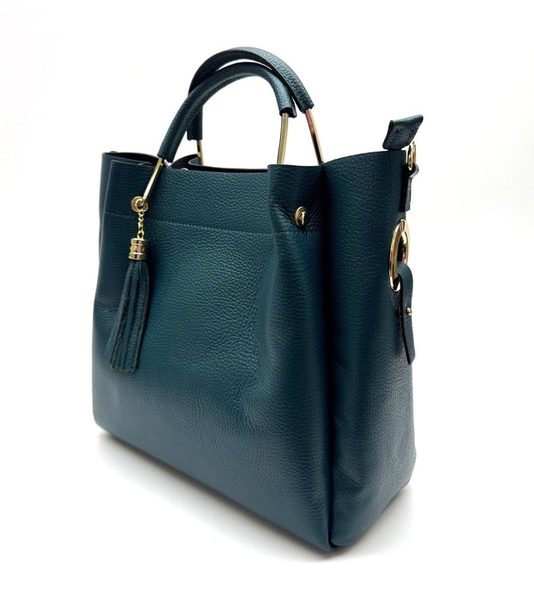 Borsa donna KAROLINA a spalla in vera pelle rigida, colore VERDE PETROLIO, CHIAROSCURO, Made in Italy