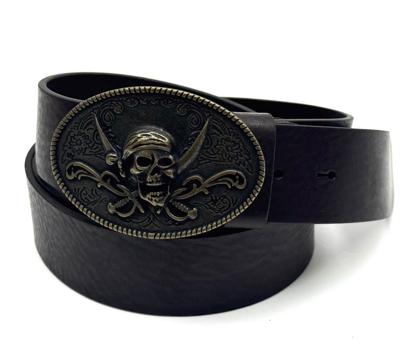 Cintura in vera pelle da uomo DENVER - TESCHIO PIRATA, colore TESTA DI MORO, fibbia speciale brunito, CHIAROSCURO, Made in Italy
