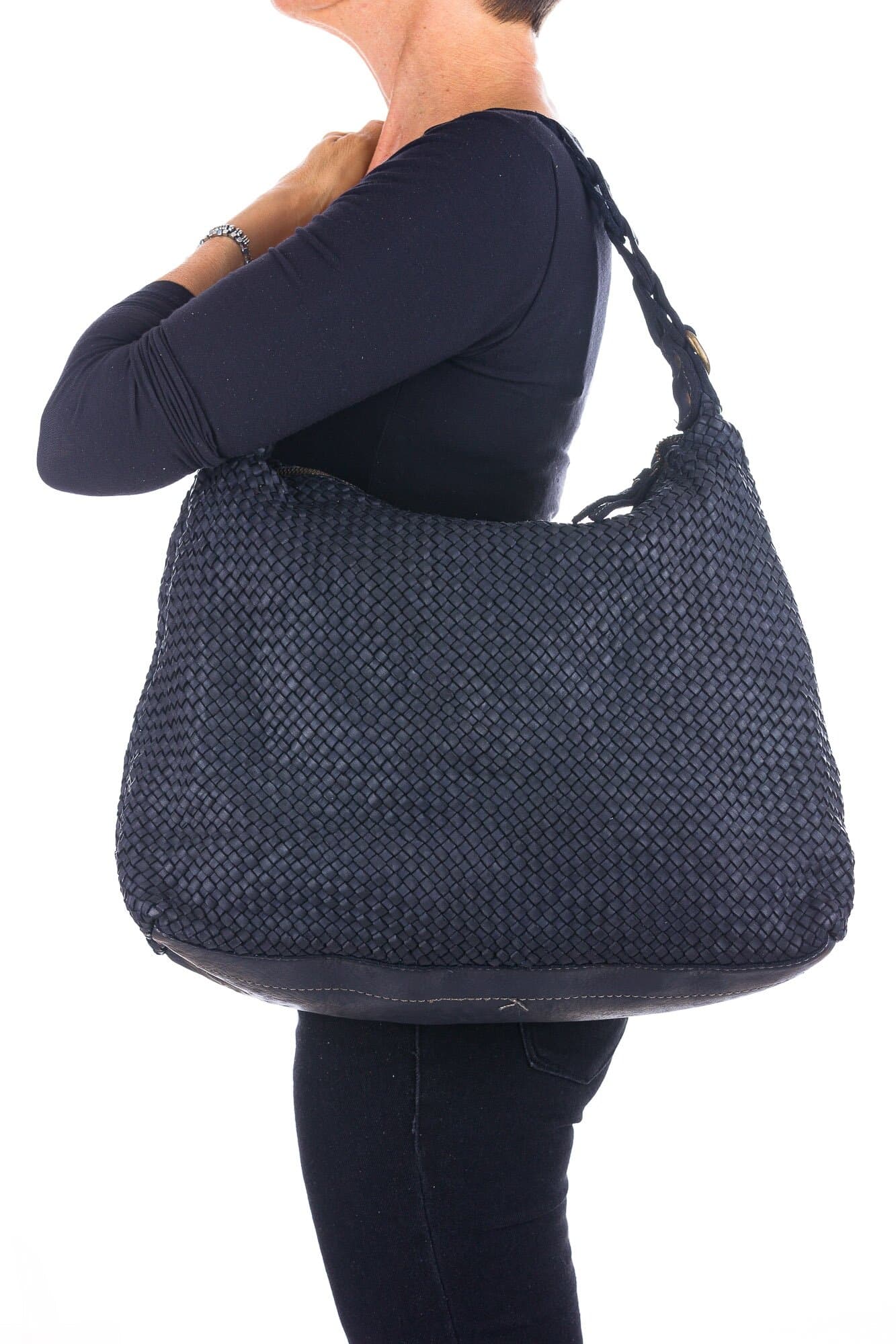 Borsa donna CINZIA BIG in vera pelle vintage, colore NERO, CHIAROSCURO, Made in Italy