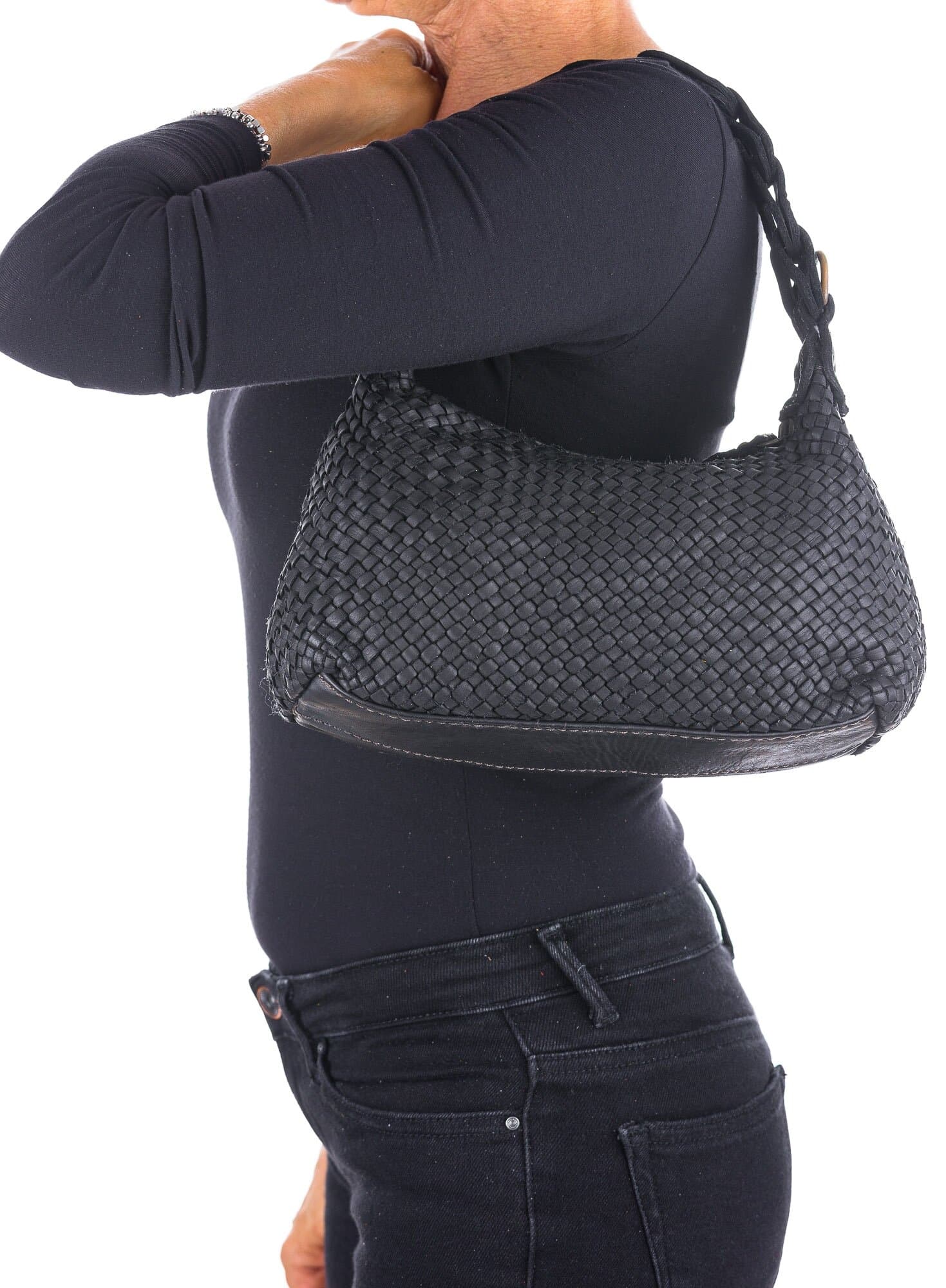 Borsa donna CINZIA SMALL in vera pelle vintage, colore NERO, CHIAROSCURO, Made in Italy