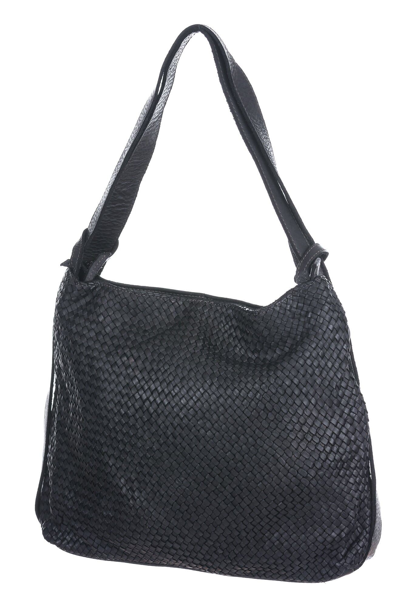 Borsa zaino donna LIDIA in vera pelle lavata vintage, intreccio, colore NERO, CHIAROSCURO, Made in Italy