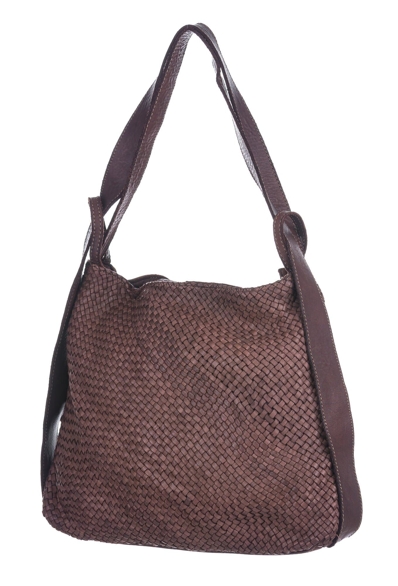 Borsa zaino donna LIDIA in vera pelle lavata vintage, intreccio, colore TESTA DI MORO, CHIAROSCURO, Made in Italy