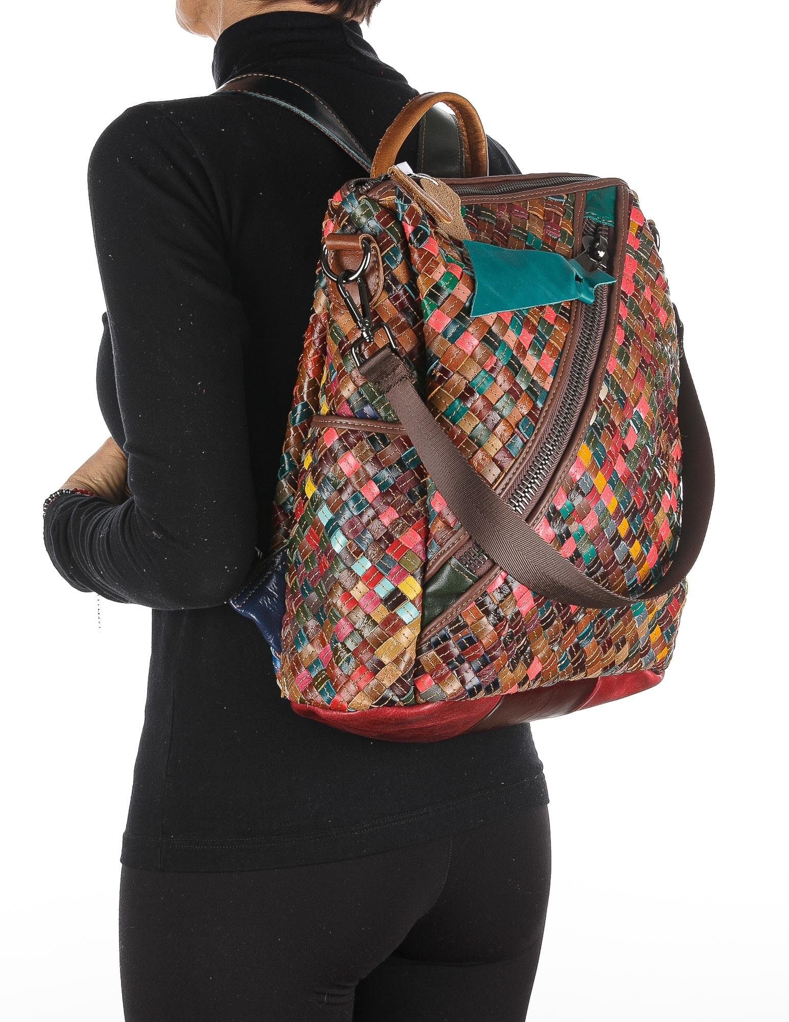 Borsa zaino donna MONTE FUMAIOLO, in vera, MULTICOLORE-INTRECCIATO, ARIANNA DINI, Made in Italy.