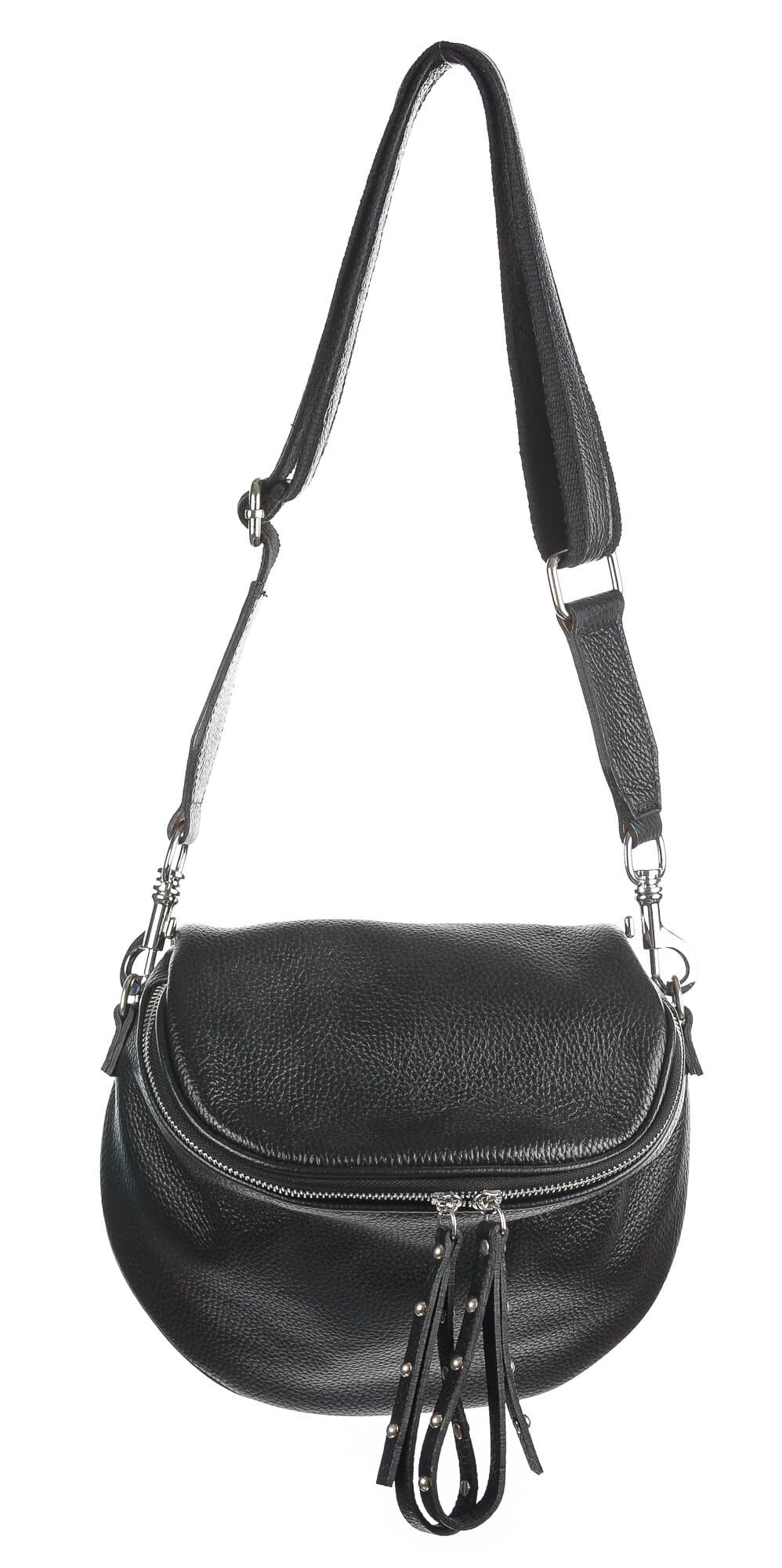 Borsa a tracolla e spallaccio da donna in vera pelle, EMILY, colore nero, CHIAROSCURO, Made in Italy