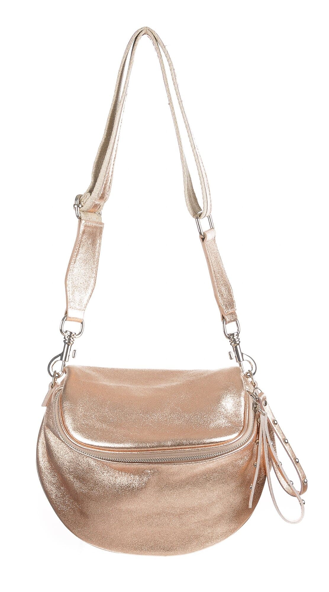 Borsa a tracolla o spallaccio da donna in vera pelle, EMILY, colore oro metallizzato, CHIAROSCURO, Made in Italy