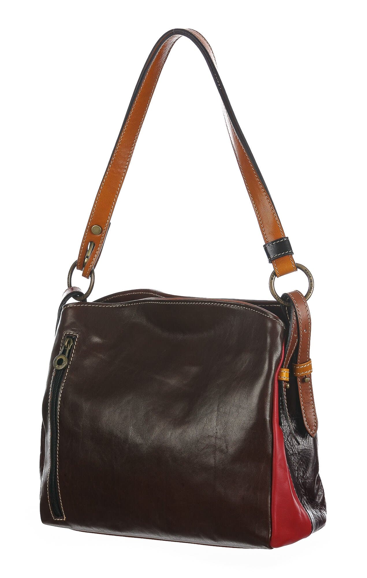 ORNELLA : borsa donna a spalla in cuoio, colore : MULTICOLOR base marrone, Made in Italy
