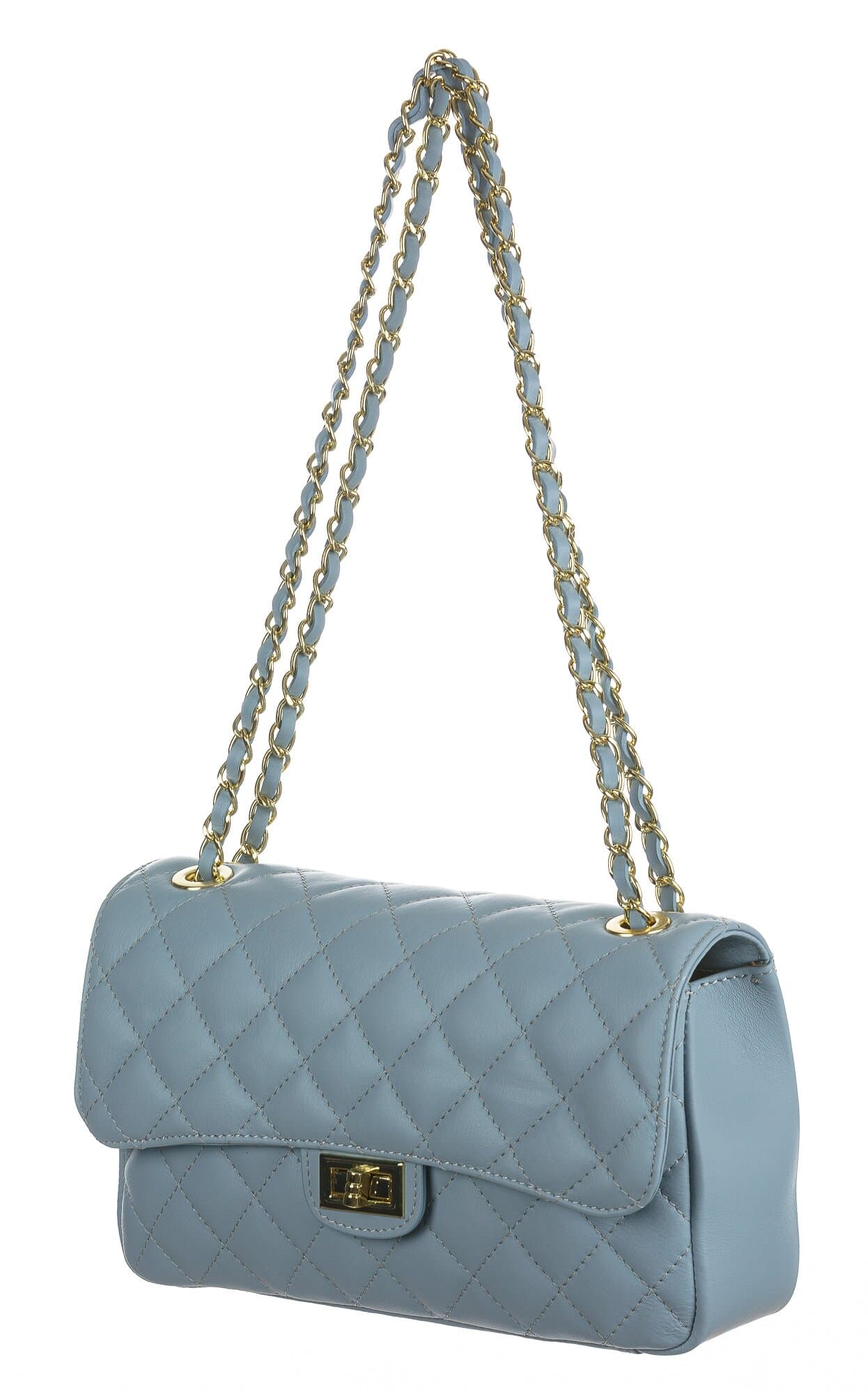 Borsa a spalla da donna in vera pelle CHARLOTTE MEDIUM, colore AZZURRO PASTELLO, CHIAROSCURO, Made in Italy