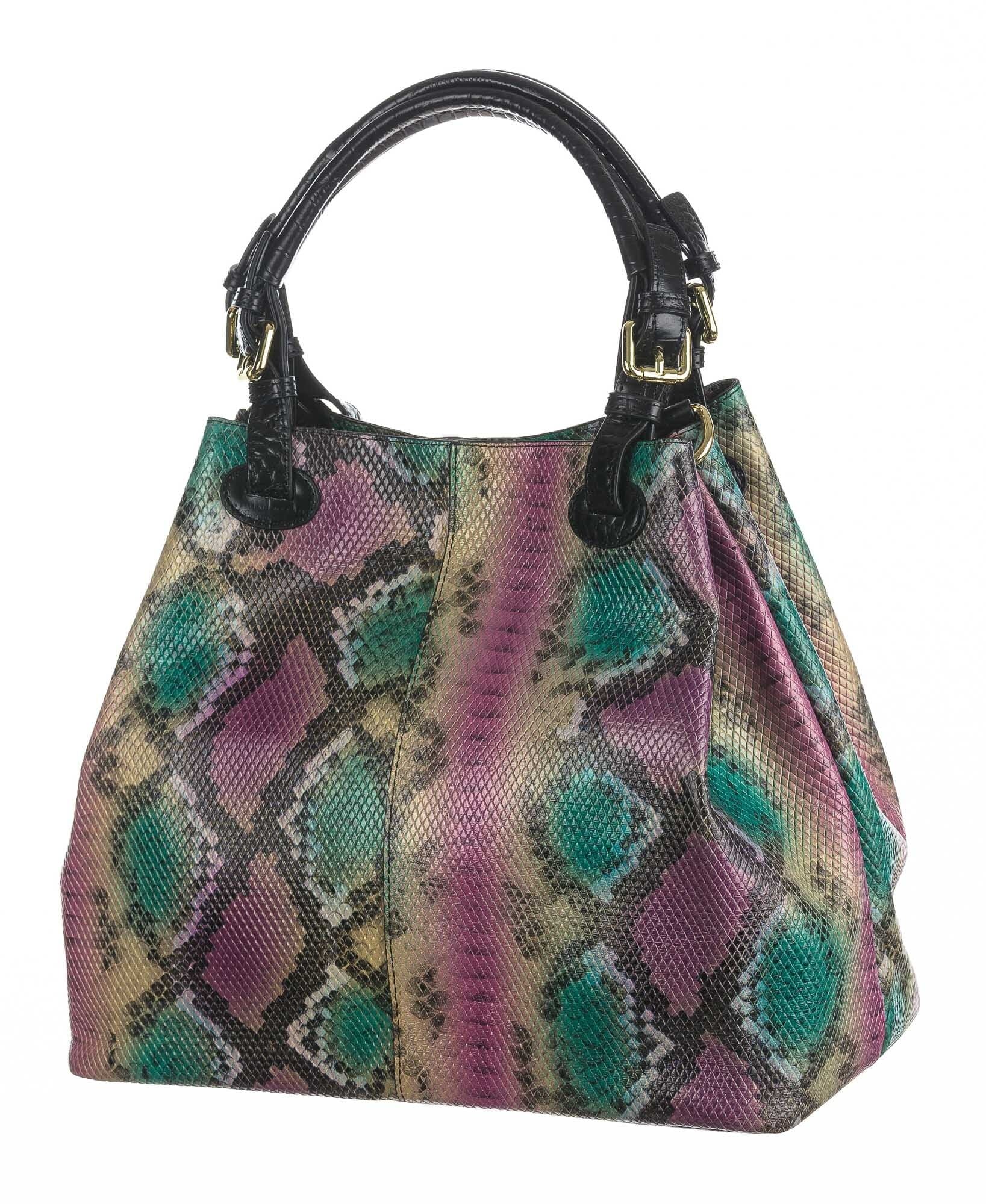 Borsa donna in vera pelle ILENIA stampa PITONE, colore VIOLA/VERDE/BEIGE, CHIAROSCURO, Made in Italy