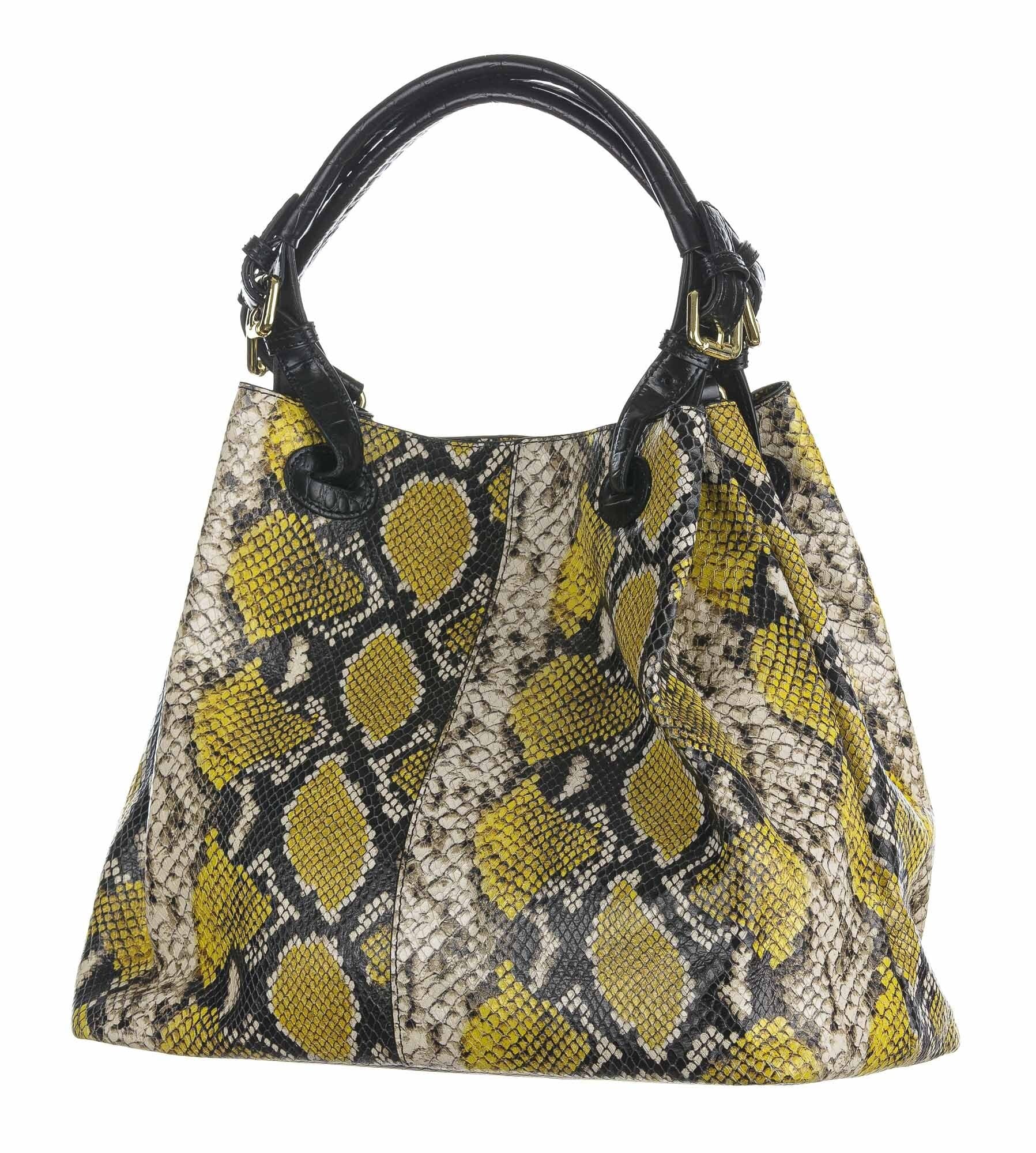 Borsa donna in vera pelle ILENIA stampa PITONE, colore GIALLO/ROCCIA/NERO, CHIAROSCURO, Made in Italy