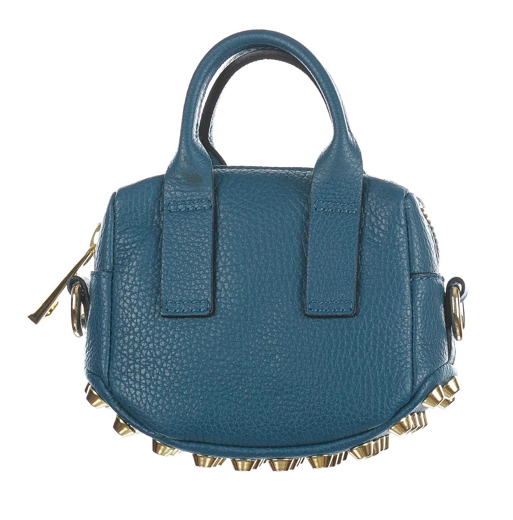 Mini bag a tracolla da donna in vera pelle AMABEL, con borchie, colore BLU, CHIAROSCURO, Made in Italy.
