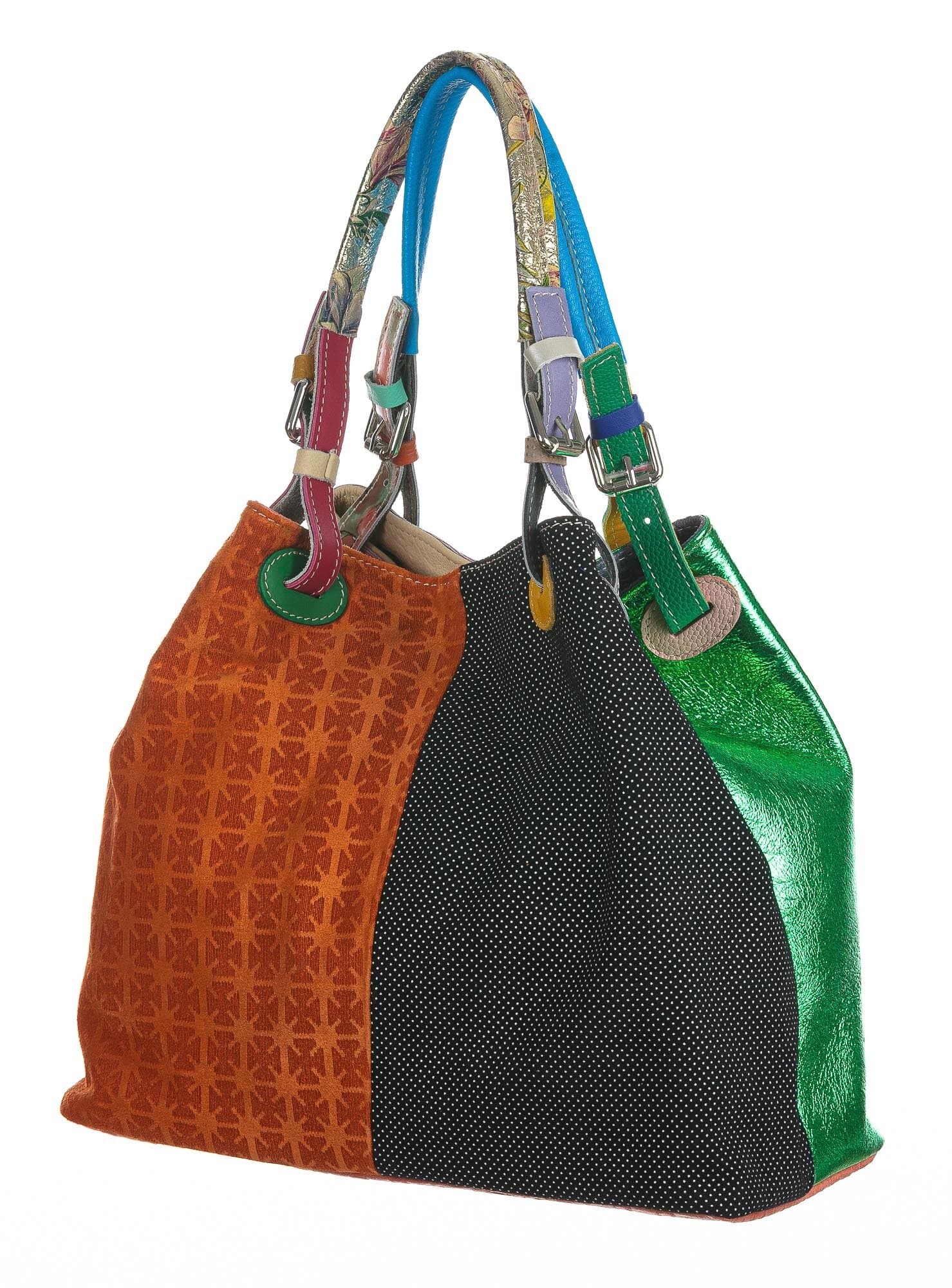 Borsa donna in vera pelle ILENIA, colore ARANCIO / NERO / VERDE / LILLA, CHIAROSCURO, Made in Italy